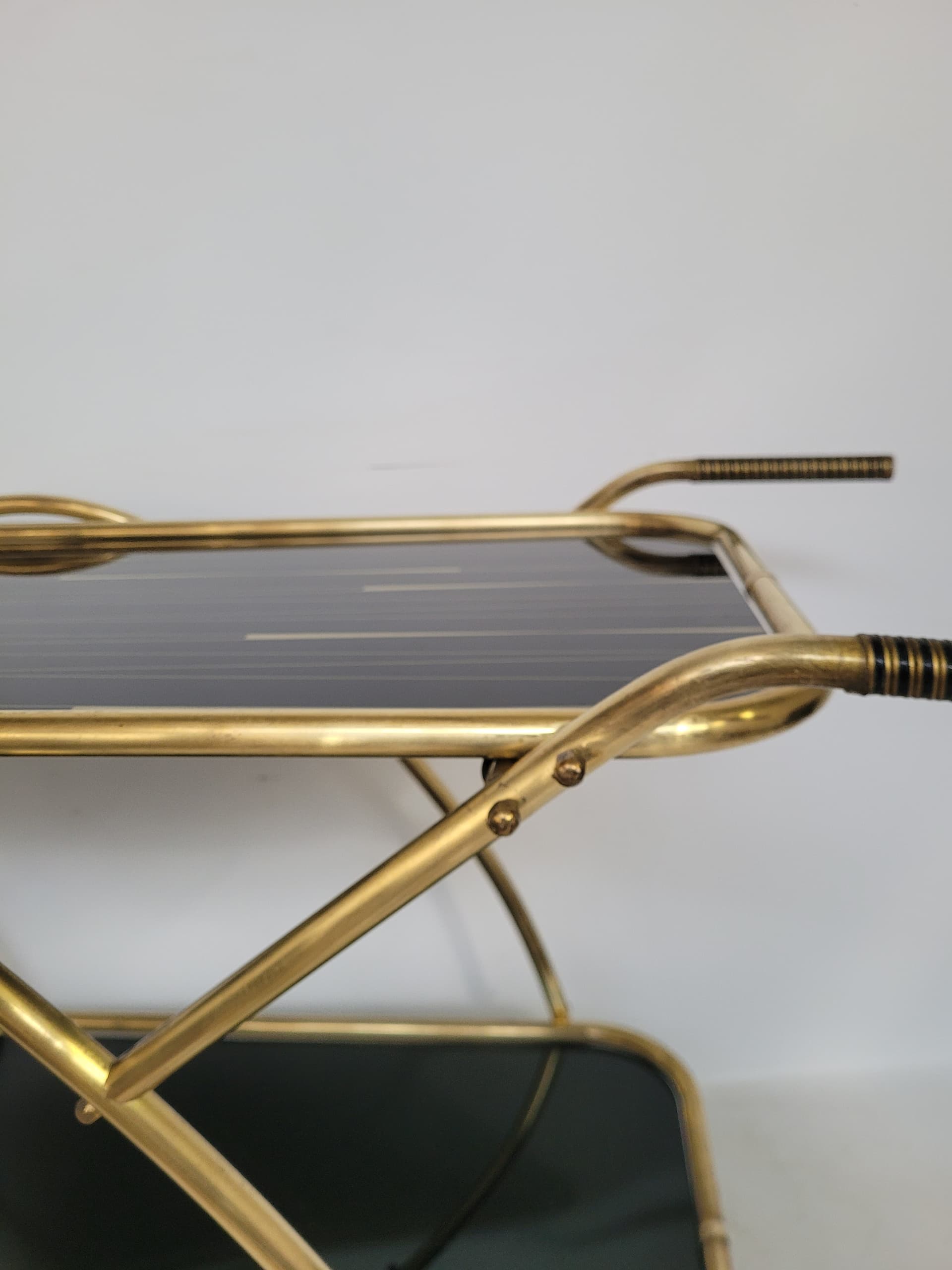 Bar cart, gold brass, black glass, 1950s. - 352954