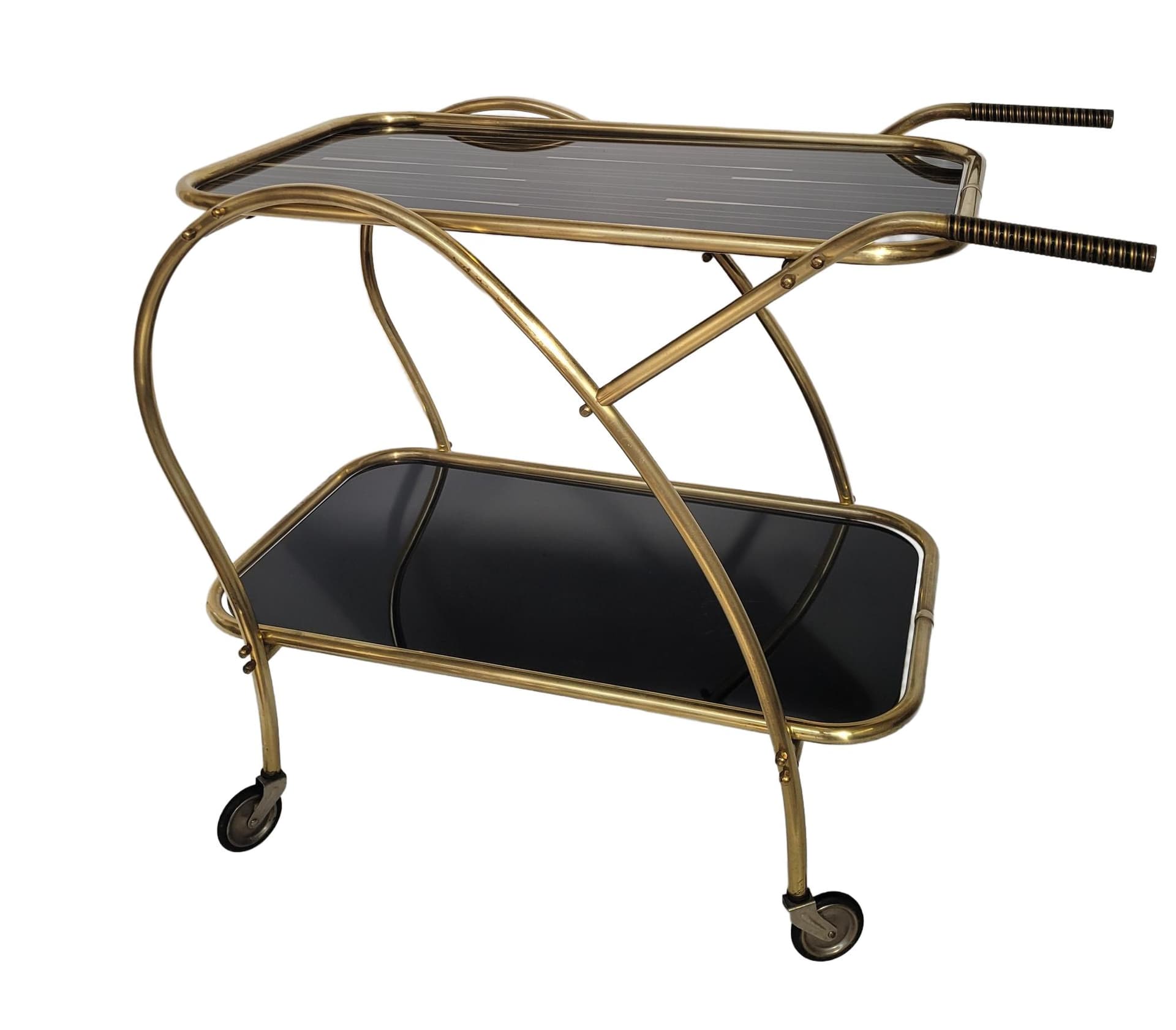 Bar cart, gold brass, black glass, 1950s.