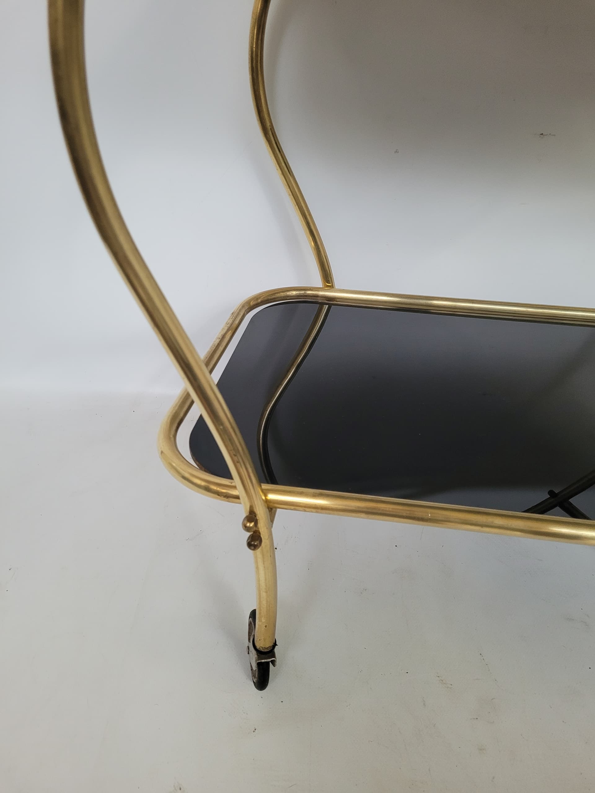 Bar cart, gold brass, black glass, 1950s. - 352953