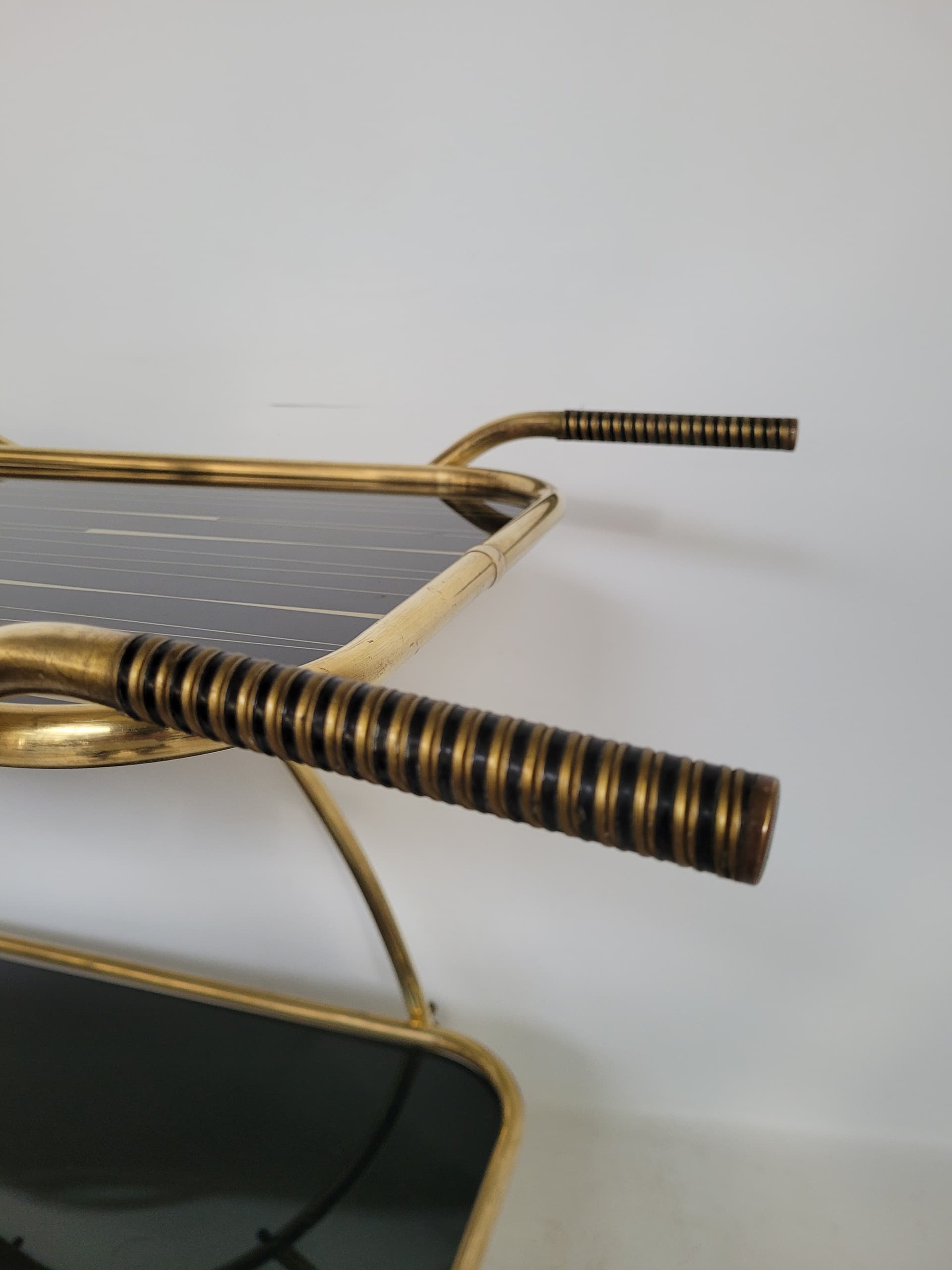 Bar cart, gold brass, black glass, 1950s. - 352952