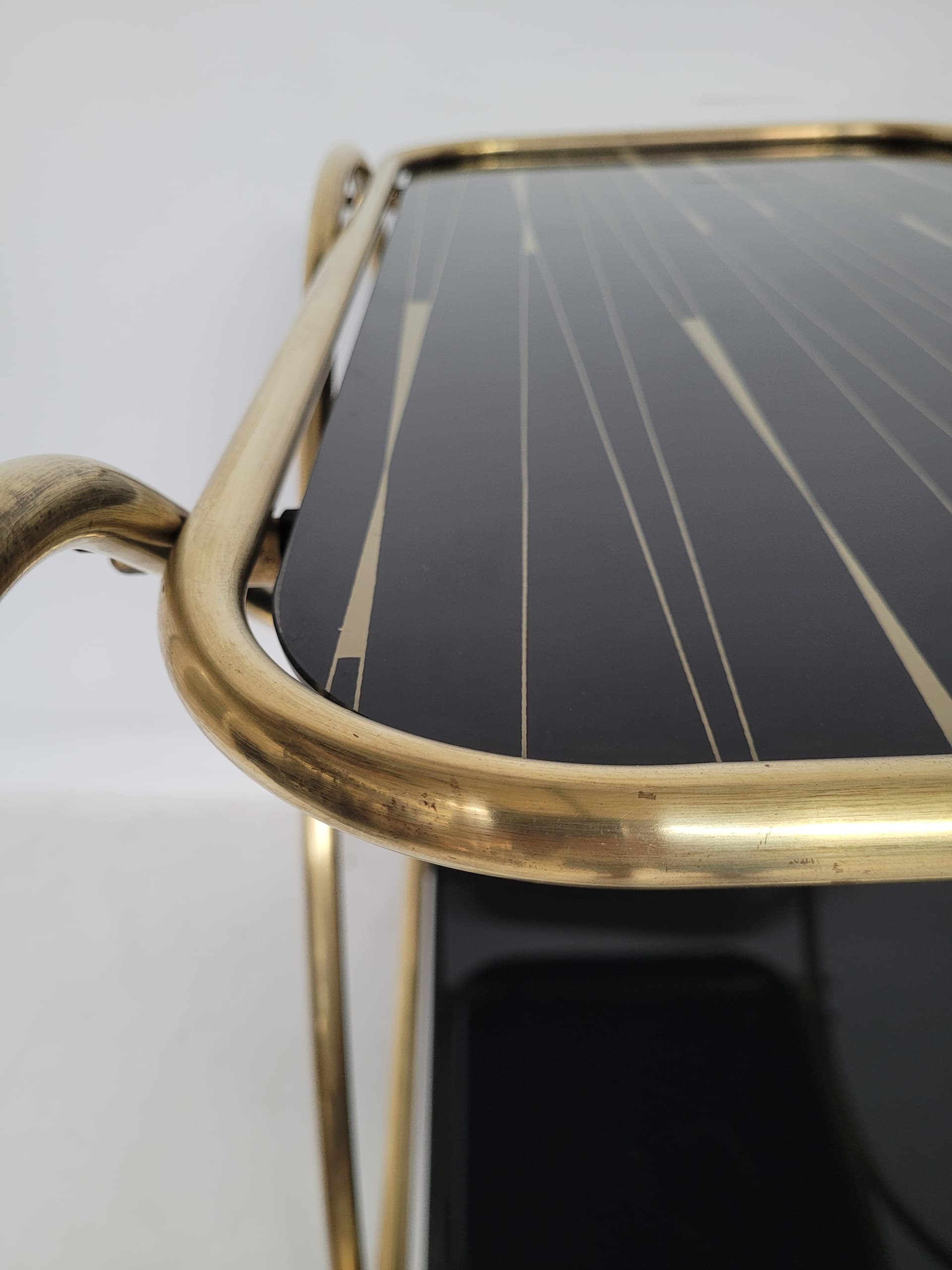 Bar cart, gold brass, black glass, 1950s. - 352957