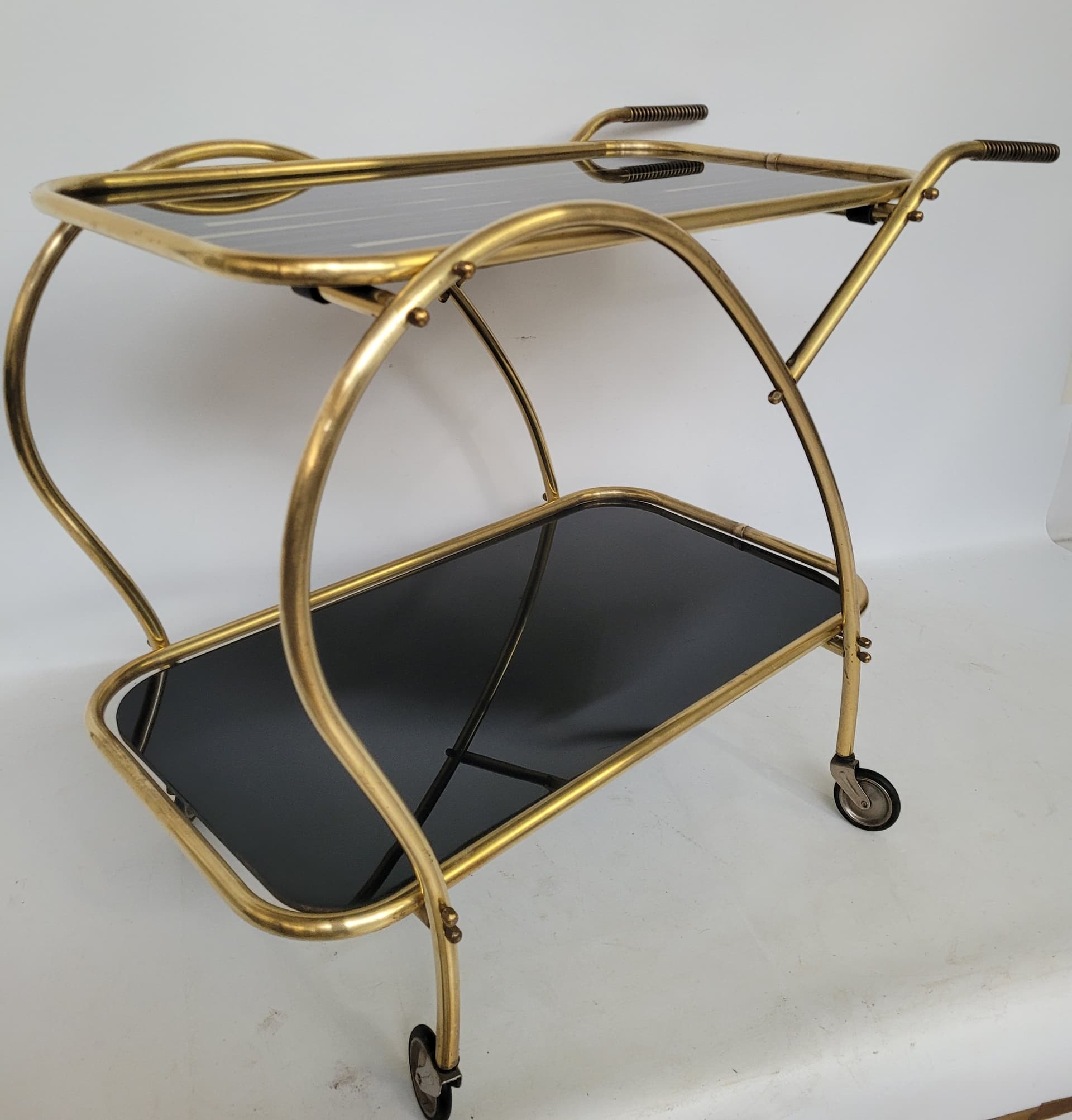 Bar cart, gold brass, black glass, 1950s. - 352950
