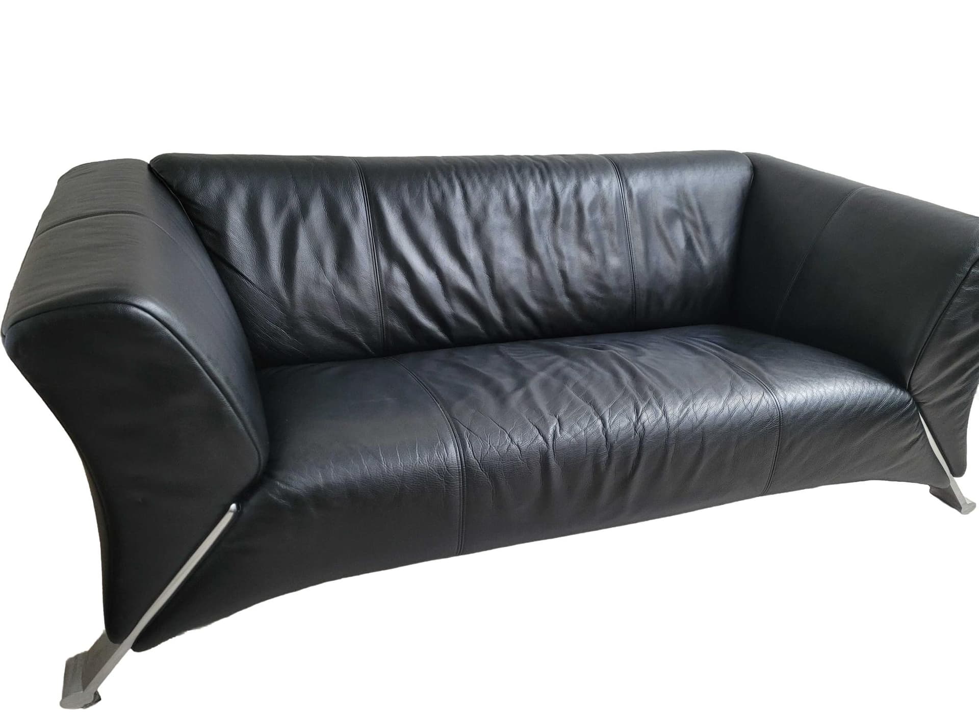 Sofa NR 322, black leather, silver metal, Rolf Benz, Germany, 1980s.