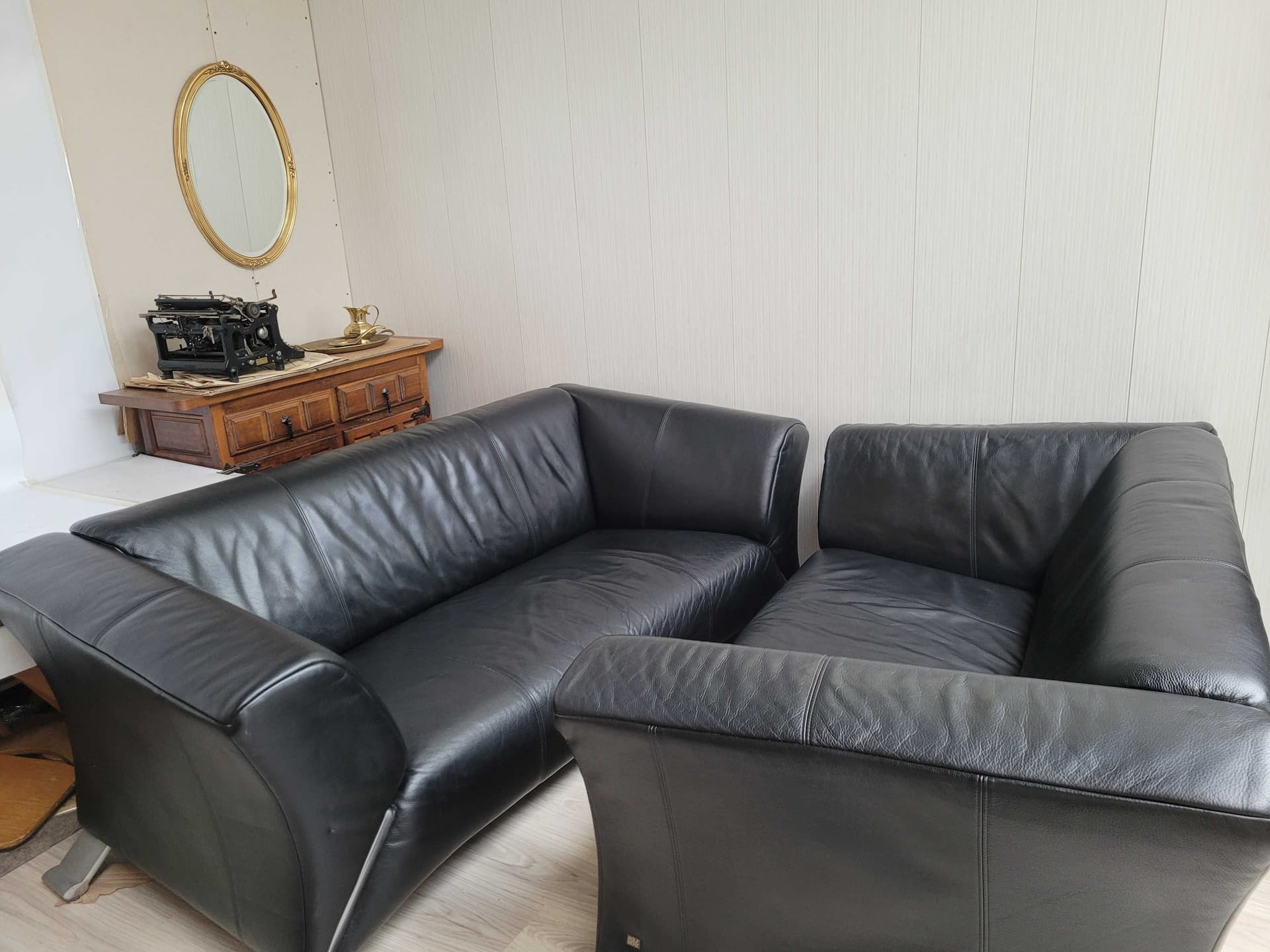 Sofa NR 322, black leather, silver metal, Rolf Benz, Germany, 1980s. - 353091