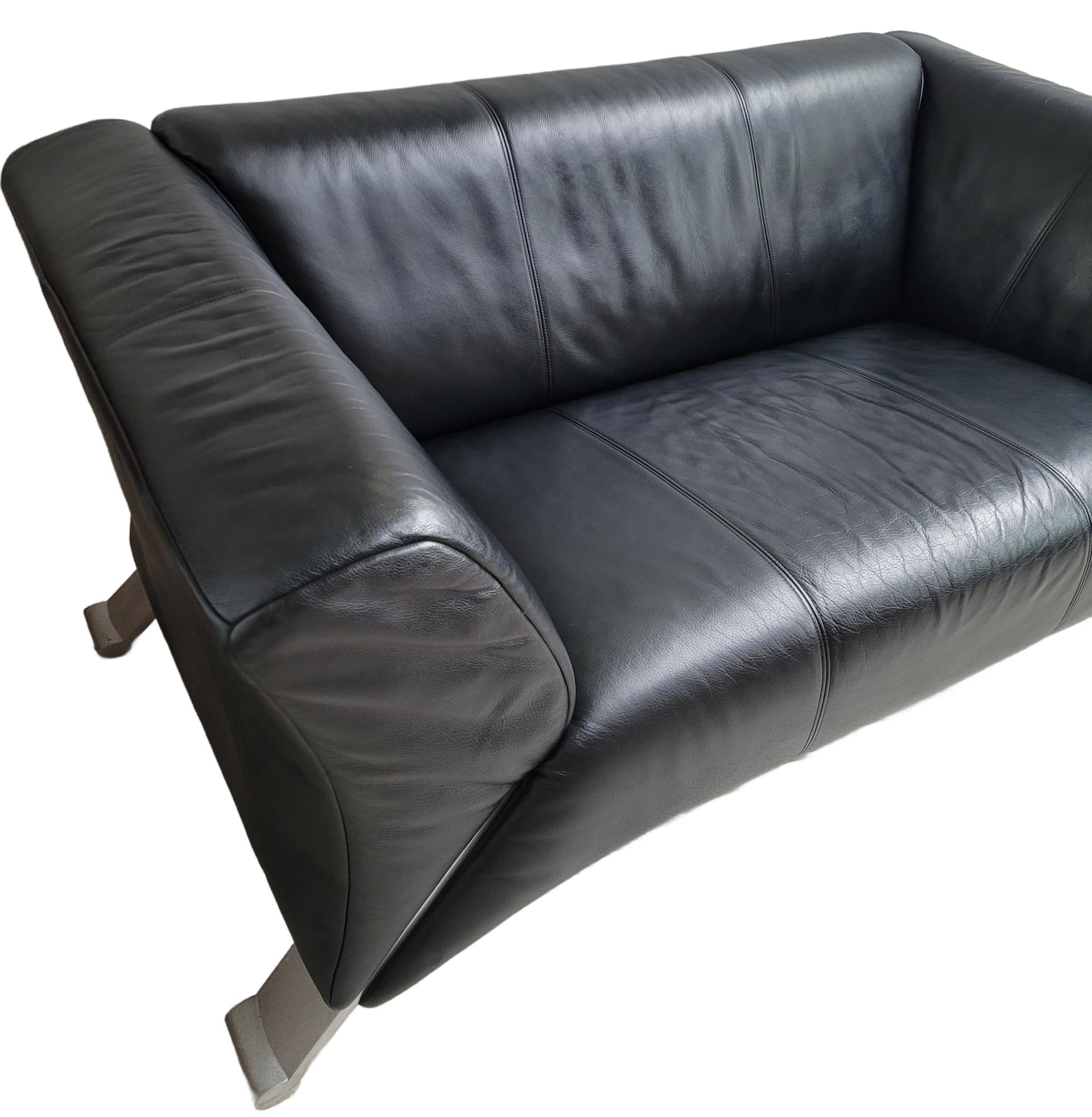 Sofa Rolf Benz 322, black leather, grey metal, Germany, 1980s. - 353406