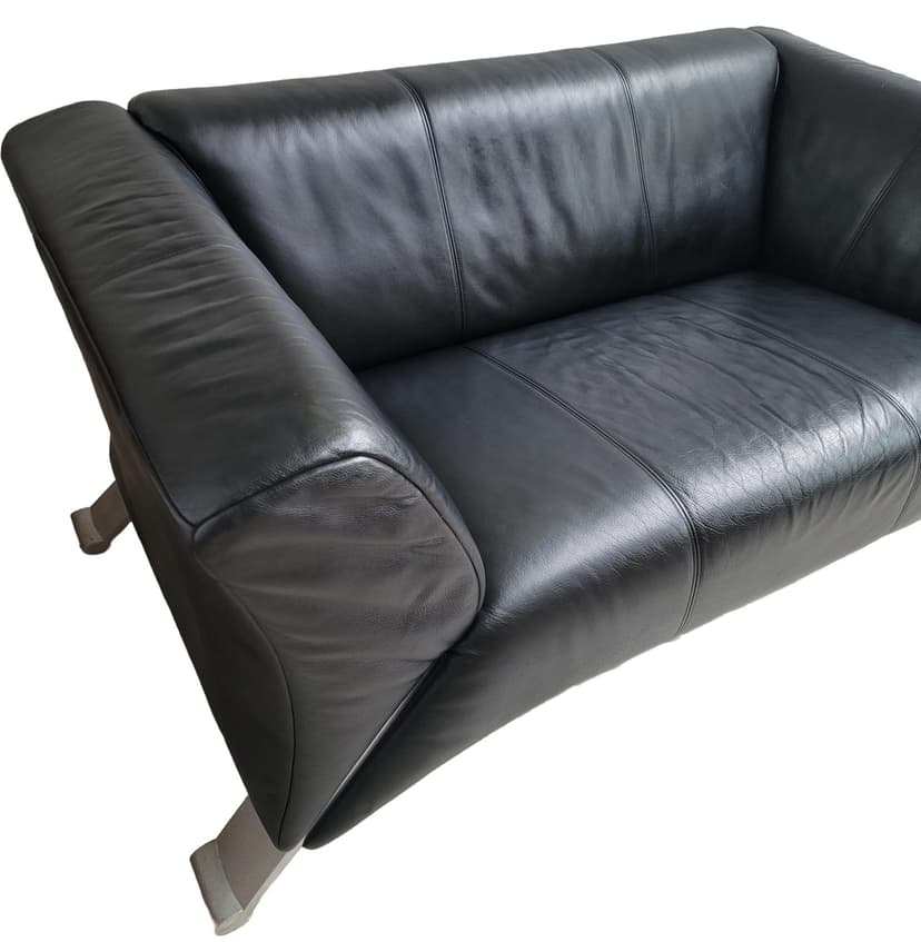Sofa Rolf Benz 322, black leather, grey metal, Germany, 1980s.