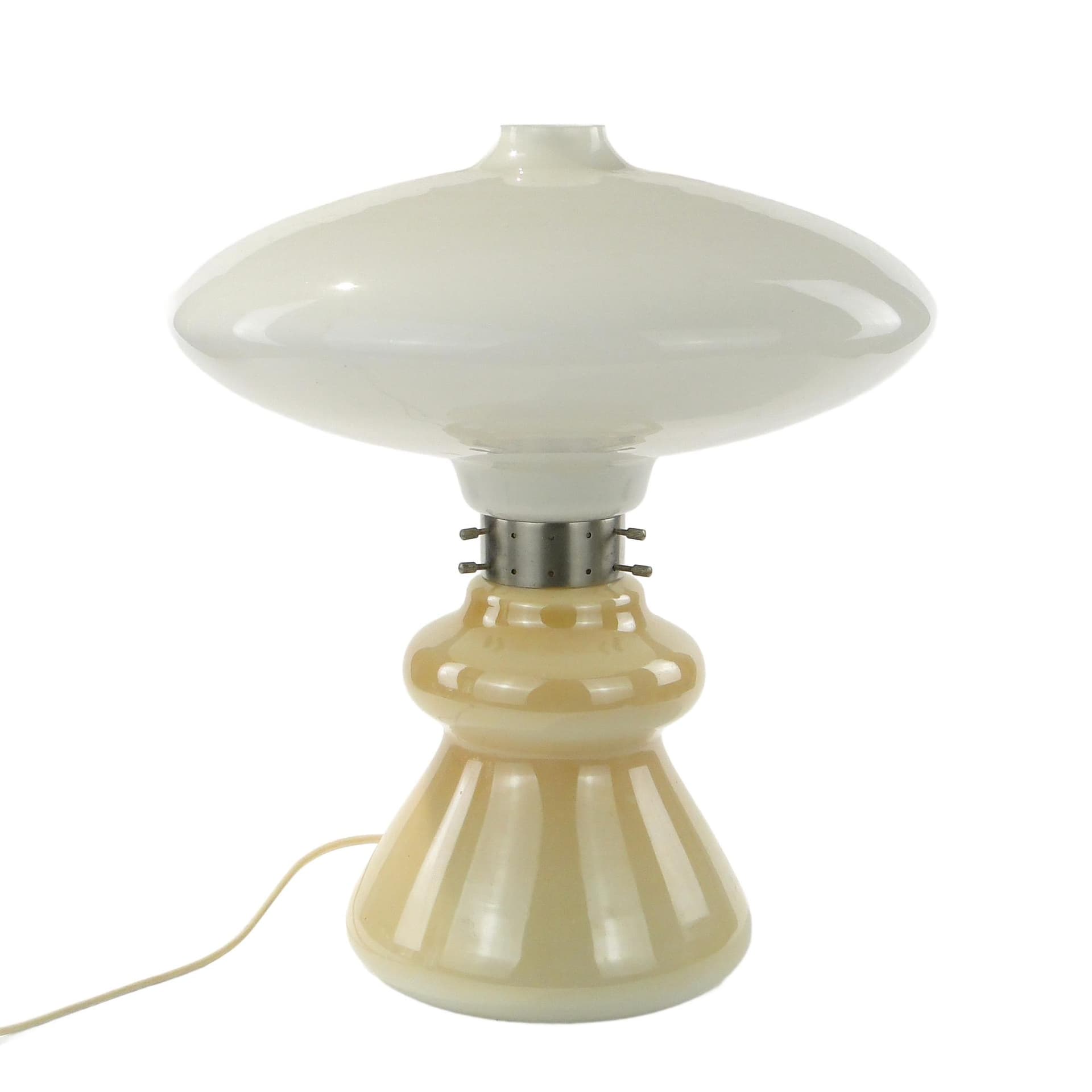 Lampa stołowa Space Age, szkło żółty, metal biały, Polska, lata 50.