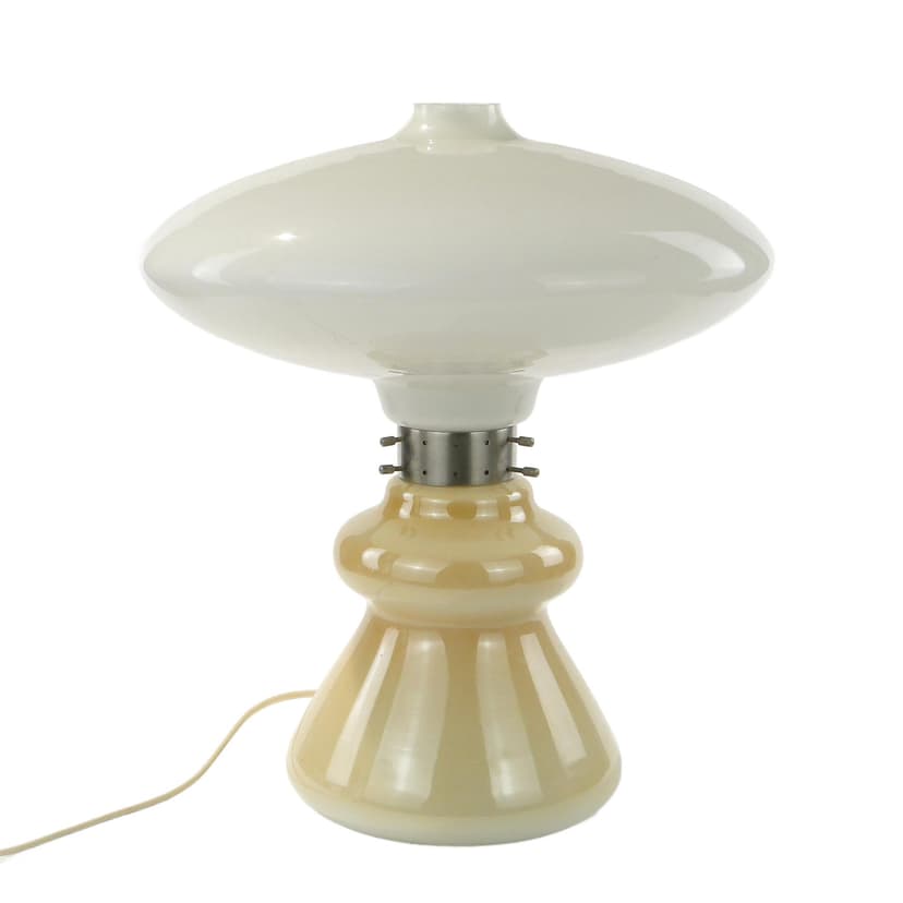 Lampa stołowa Space Age, szkło żółty, metal biały, Polska, lata 50.