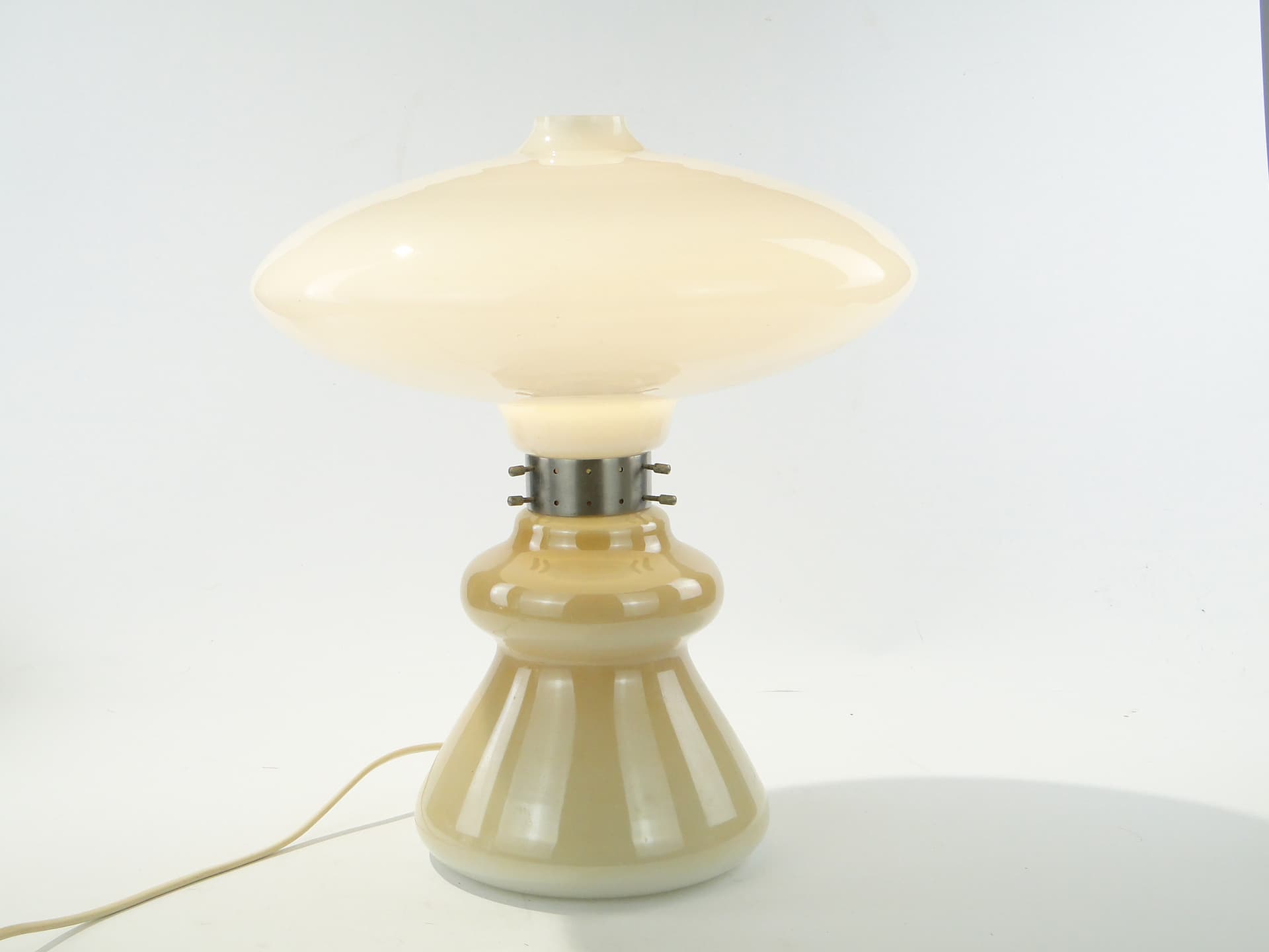 Lampa stołowa Space Age, szkło żółty, metal biały, Polska, lata 50. - 353120
