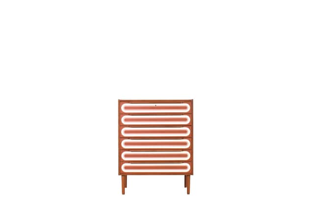 Komoda op-art, teak brązowy biały pomarańczowy, Dania, lata 60. - WYMIARY