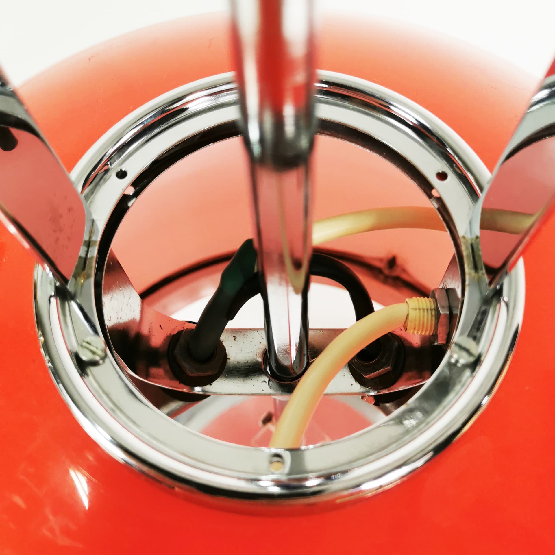 Table Lamp Lucerna, Space Age, orange-red plastic, chrome, by H. Guzzini, Italy, 1970s. - 353190