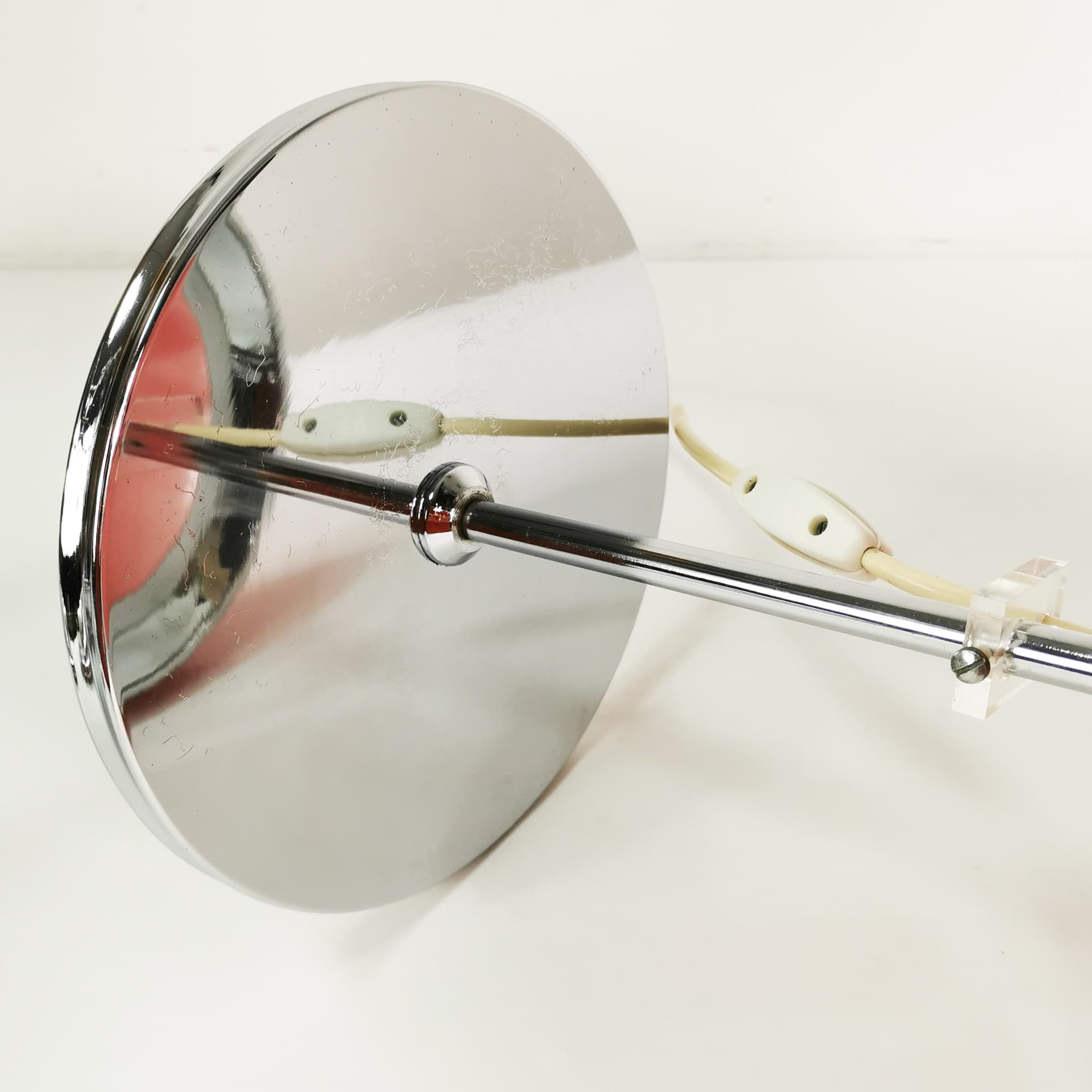 Table Lamp Lucerna, Space Age, orange-red plastic, chrome, by H. Guzzini, Italy, 1970s. - 353185