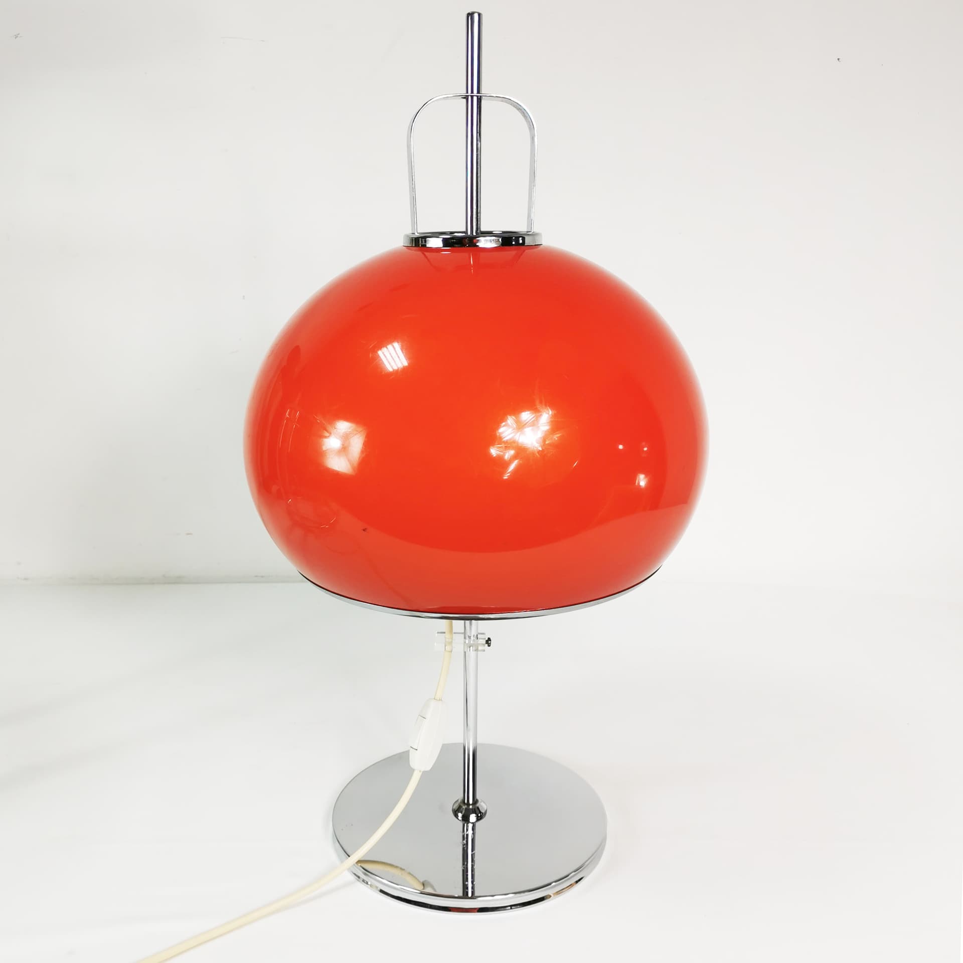 Table Lamp Lucerna, Space Age, orange-red plastic, chrome, by H. Guzzini, Italy, 1970s. - 353179