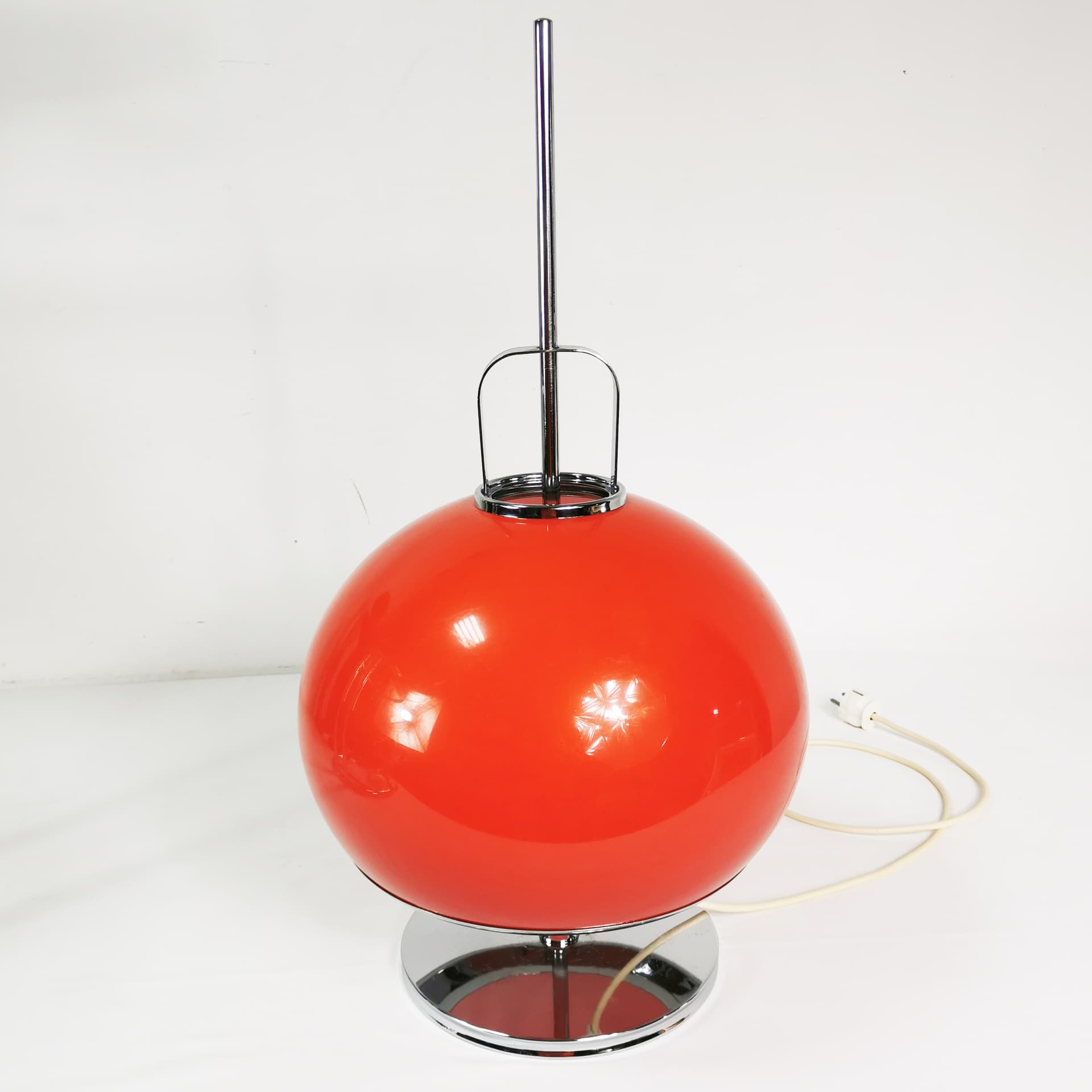 Table Lamp Lucerna, Space Age, orange-red plastic, chrome, by H. Guzzini, Italy, 1970s. - 353183
