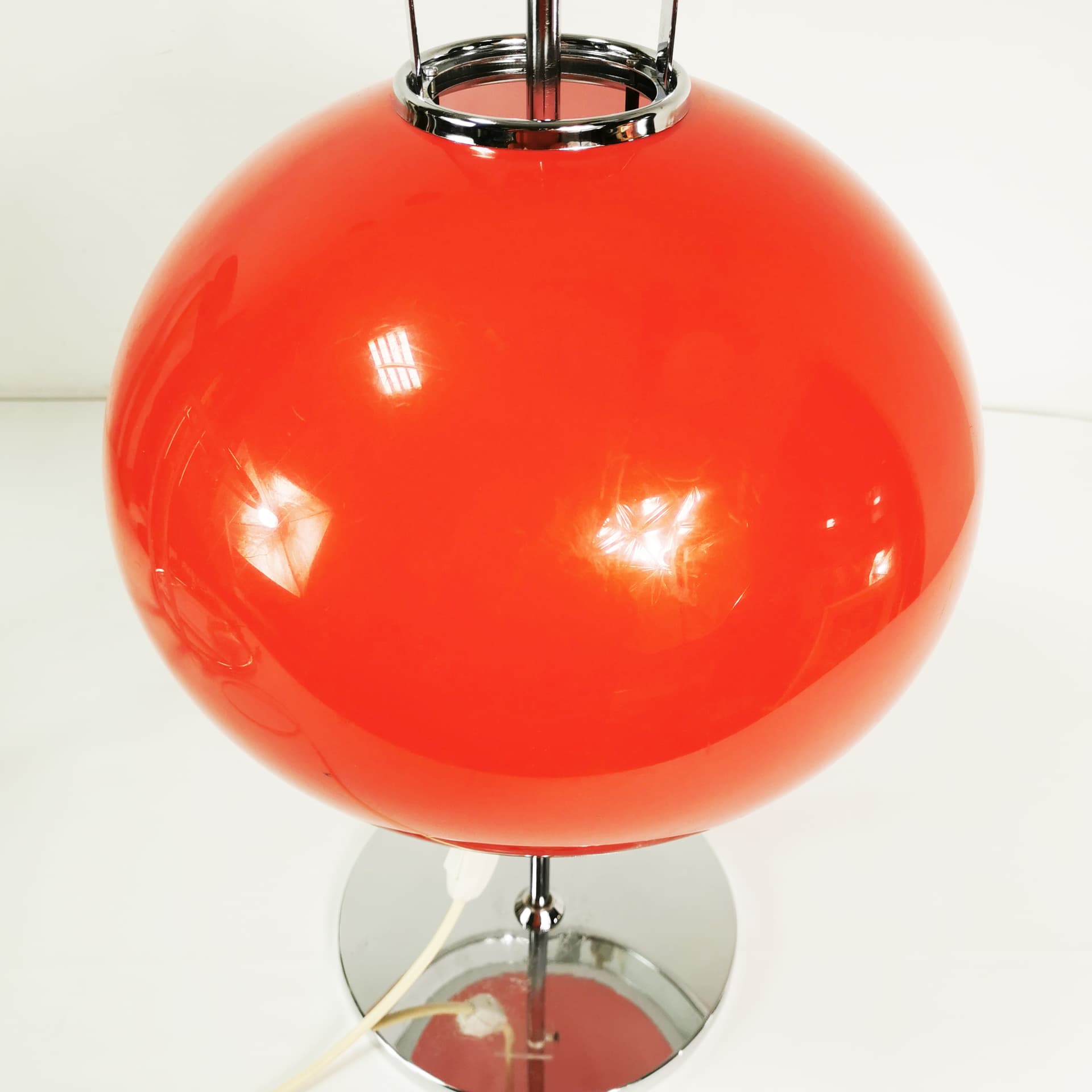 Table Lamp Lucerna, Space Age, orange-red plastic, chrome, by H. Guzzini, Italy, 1970s. - 353180