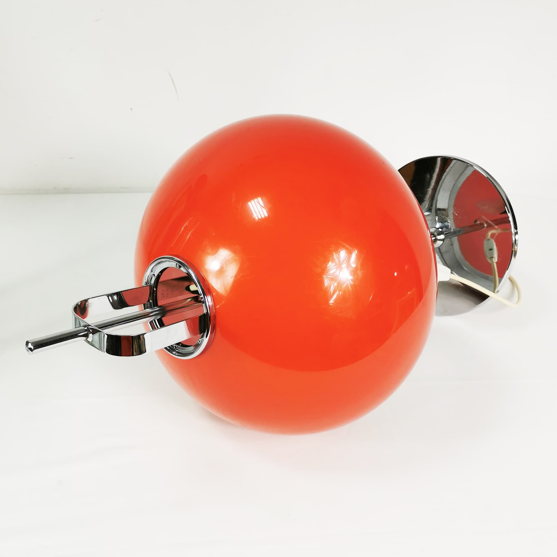Table Lamp Lucerna, Space Age, orange-red plastic, chrome, by H. Guzzini, Italy, 1970s. - 353182
