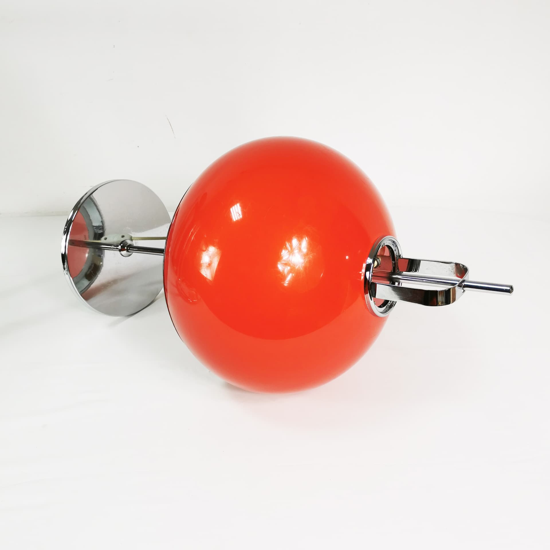 Table Lamp Lucerna, Space Age, orange-red plastic, chrome, by H. Guzzini, Italy, 1970s. - 353181