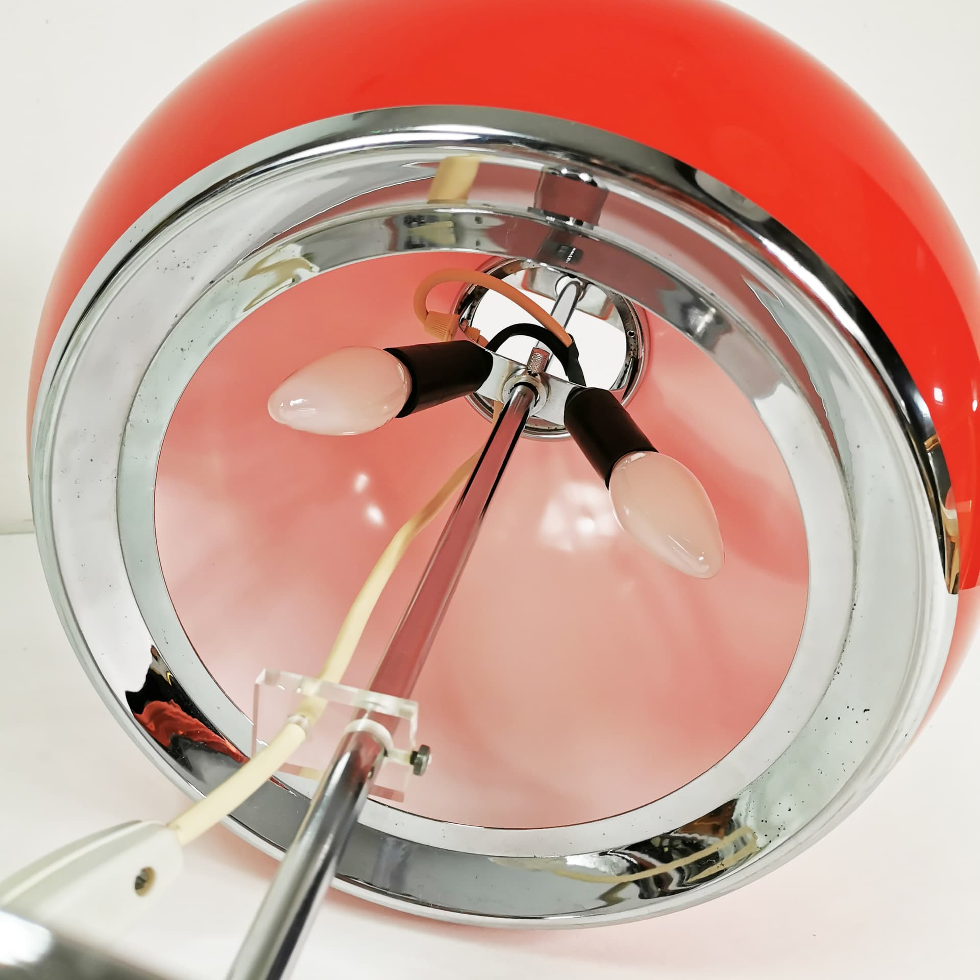 Table Lamp Lucerna, Space Age, orange-red plastic, chrome, by H. Guzzini, Italy, 1970s. - 353191