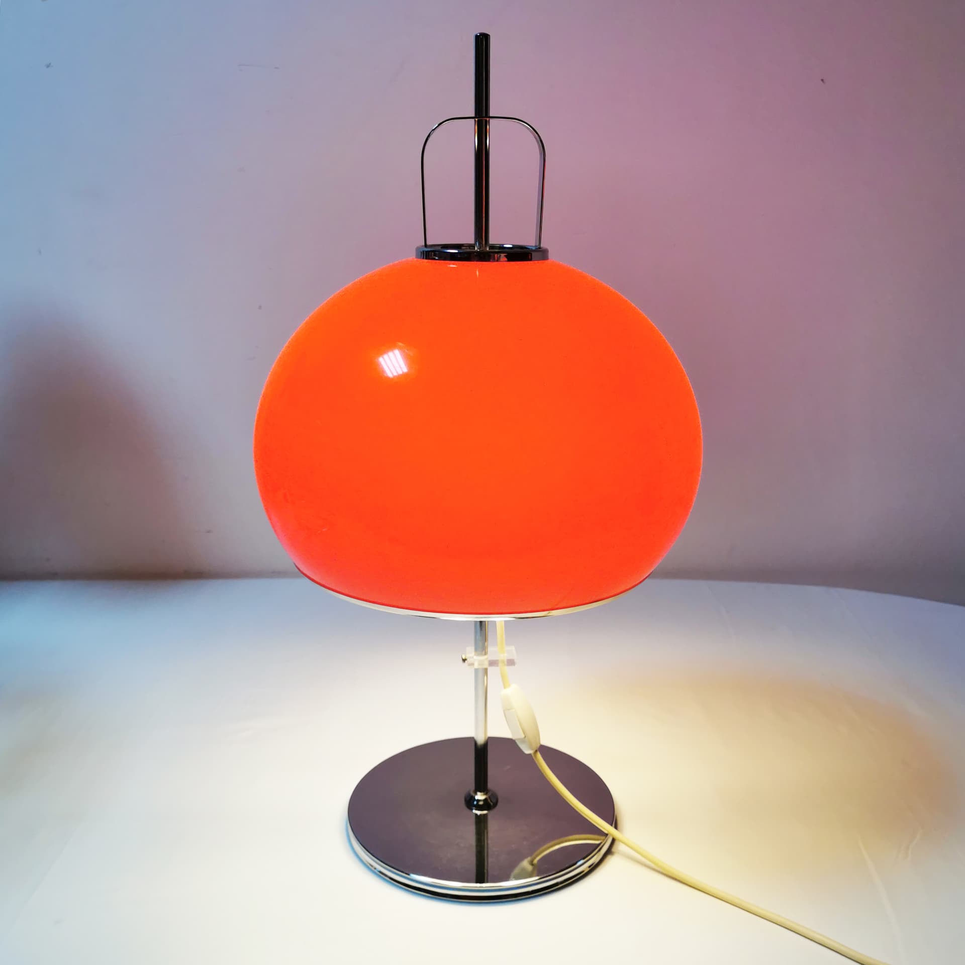 Table Lamp Lucerna, Space Age, orange-red plastic, chrome, by H. Guzzini, Italy, 1970s. - 353189