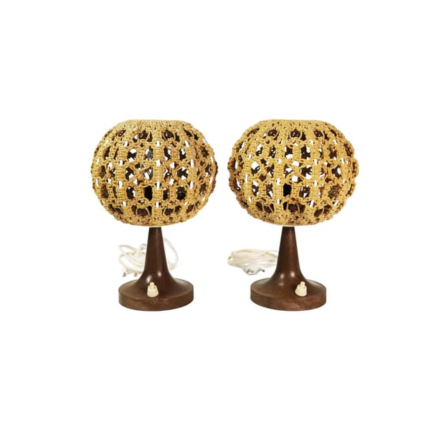 Para lampek stołowych, sznurek żółty, tworzywo brązowy, Niemcy, lata 60. - WYMIARY