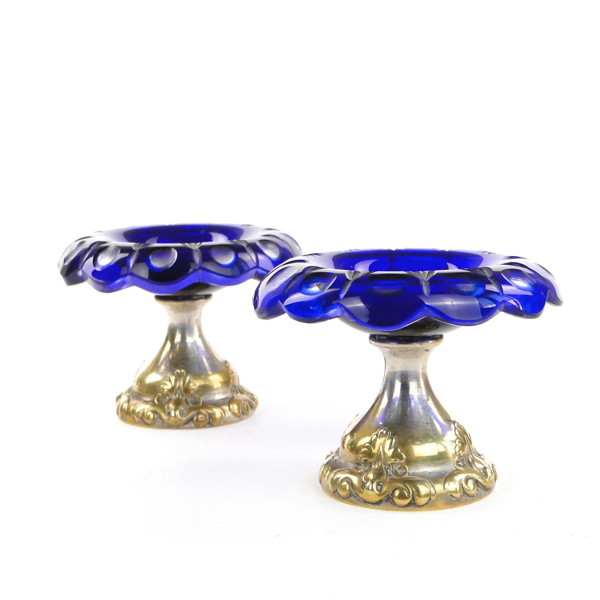 Pair of Biedermeier compotes, cobalt glass, silver-plated brass, Denmark, early 20th c. - 26270