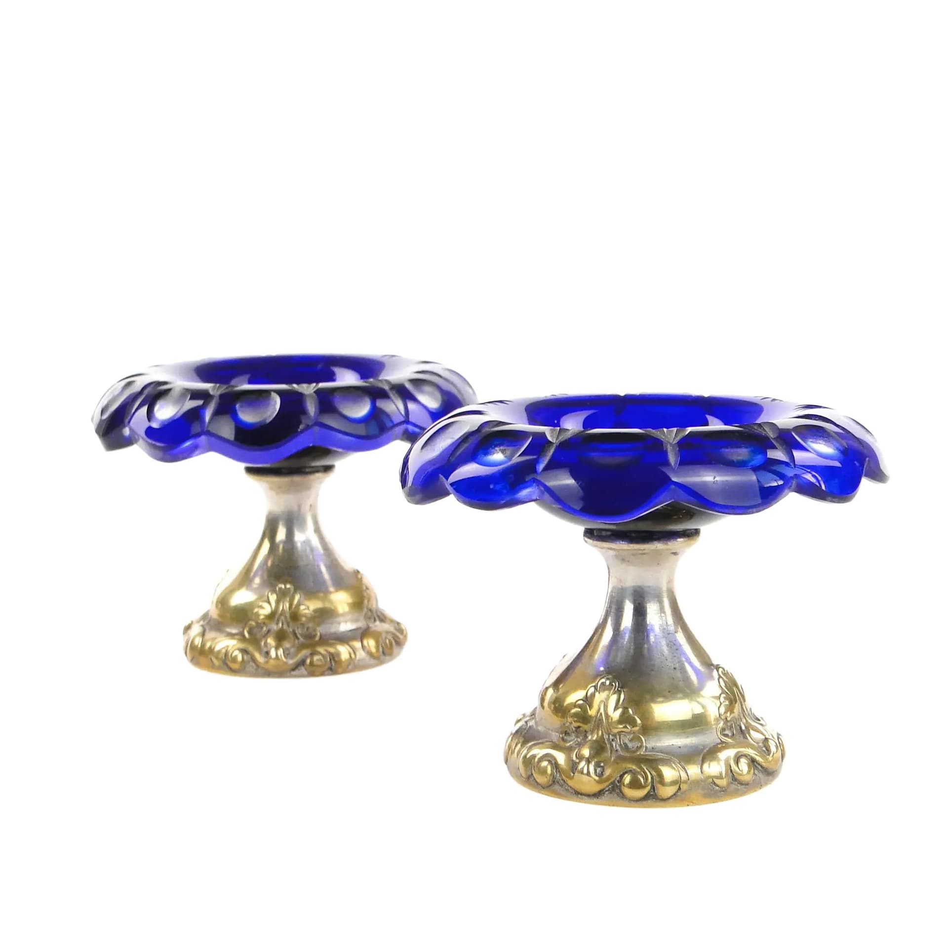Pair of Biedermeier compotes, cobalt glass, silver-plated brass, Denmark, early 20th c.