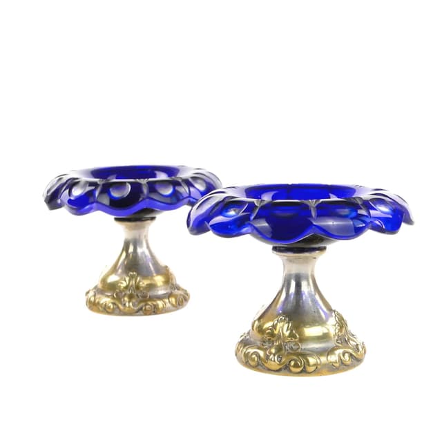 Pair of Biedermeier compotes, cobalt glass, silver-plated brass, Denmark, early 20th c. - DIMENSION