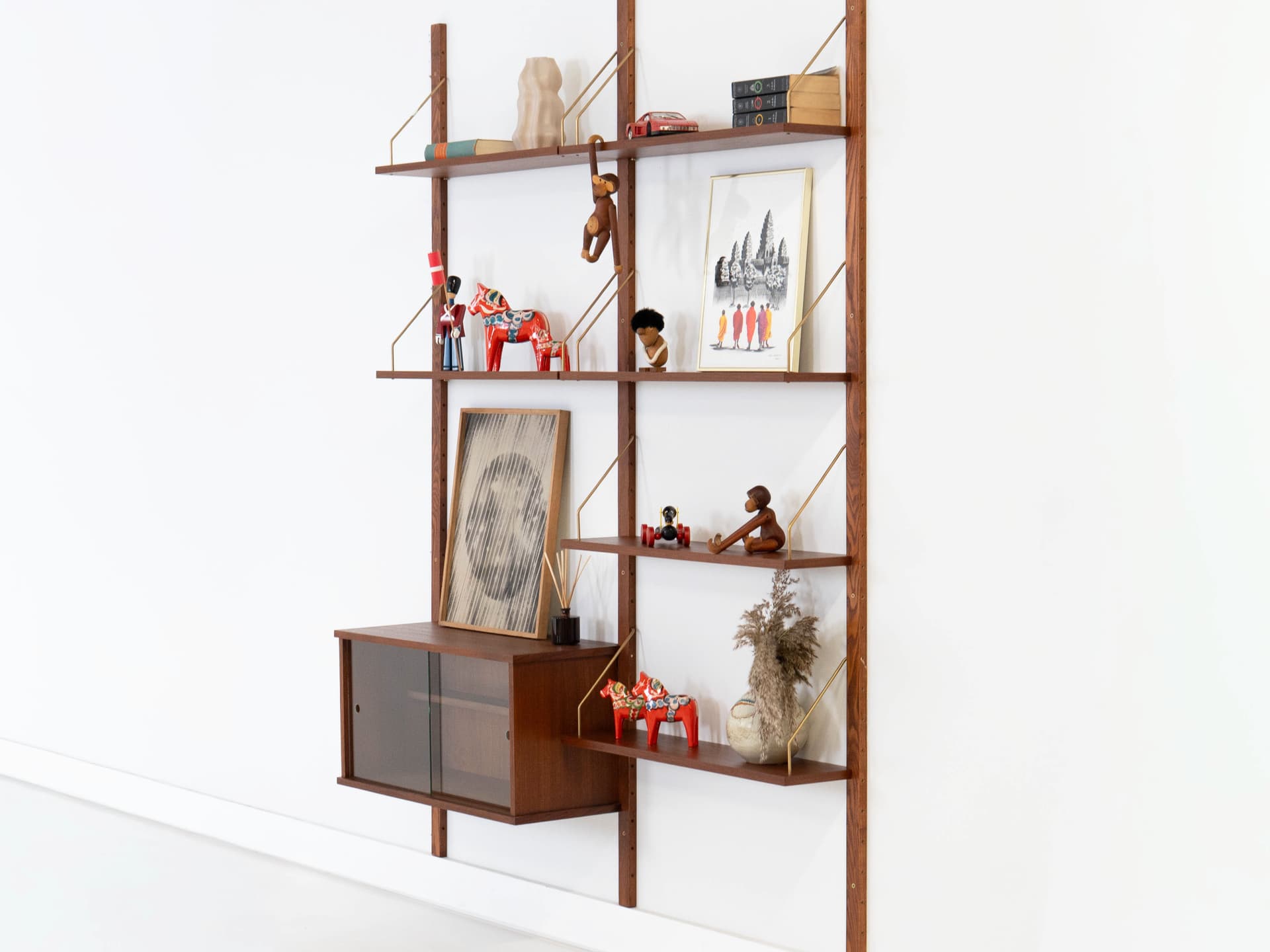 Regał systemowy, teak brązowy, szkło transparentny, Dania, lata 60. - 353777