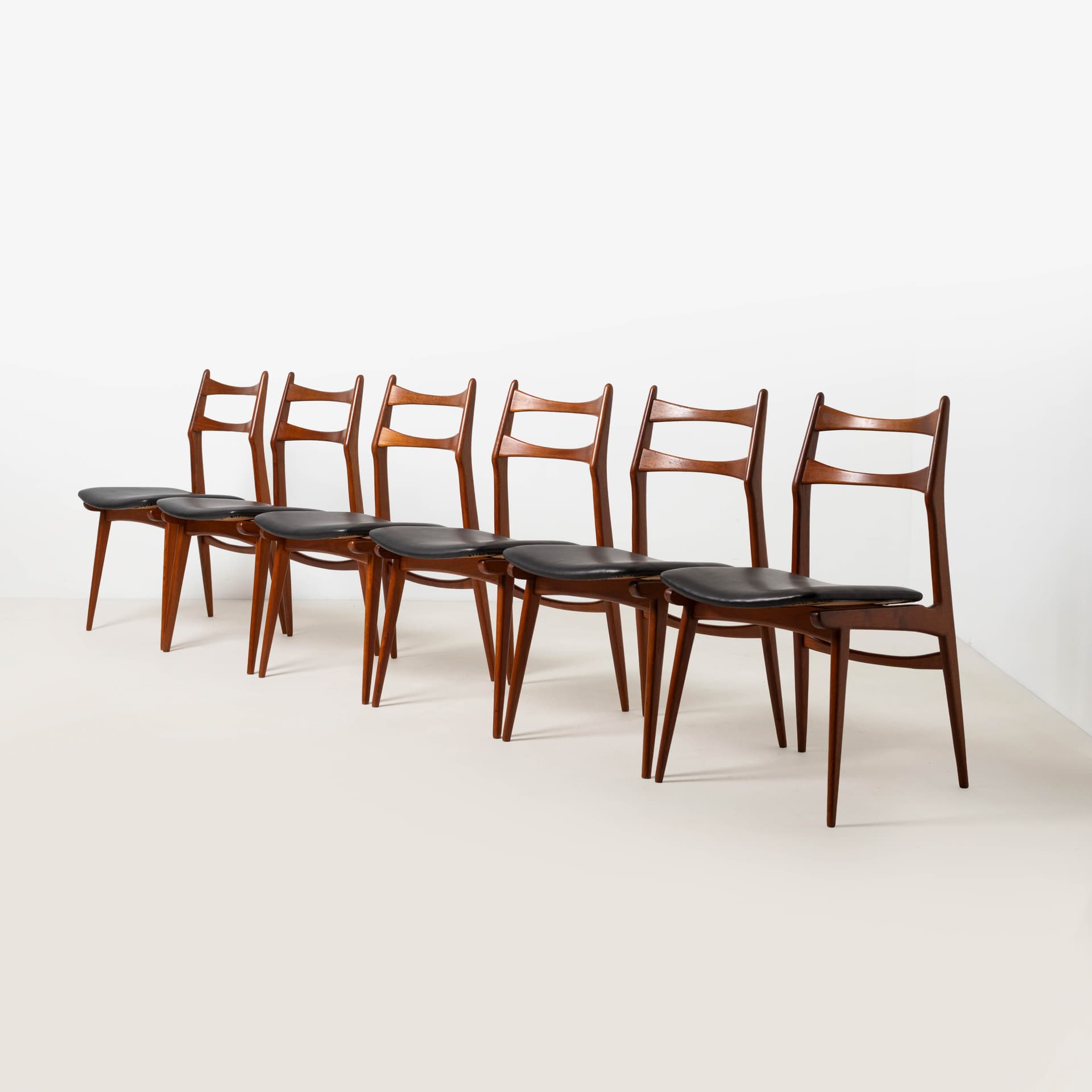 Set of six Bumerang dining chairs, teak, brown leather, Germany, 1960s. - 353792