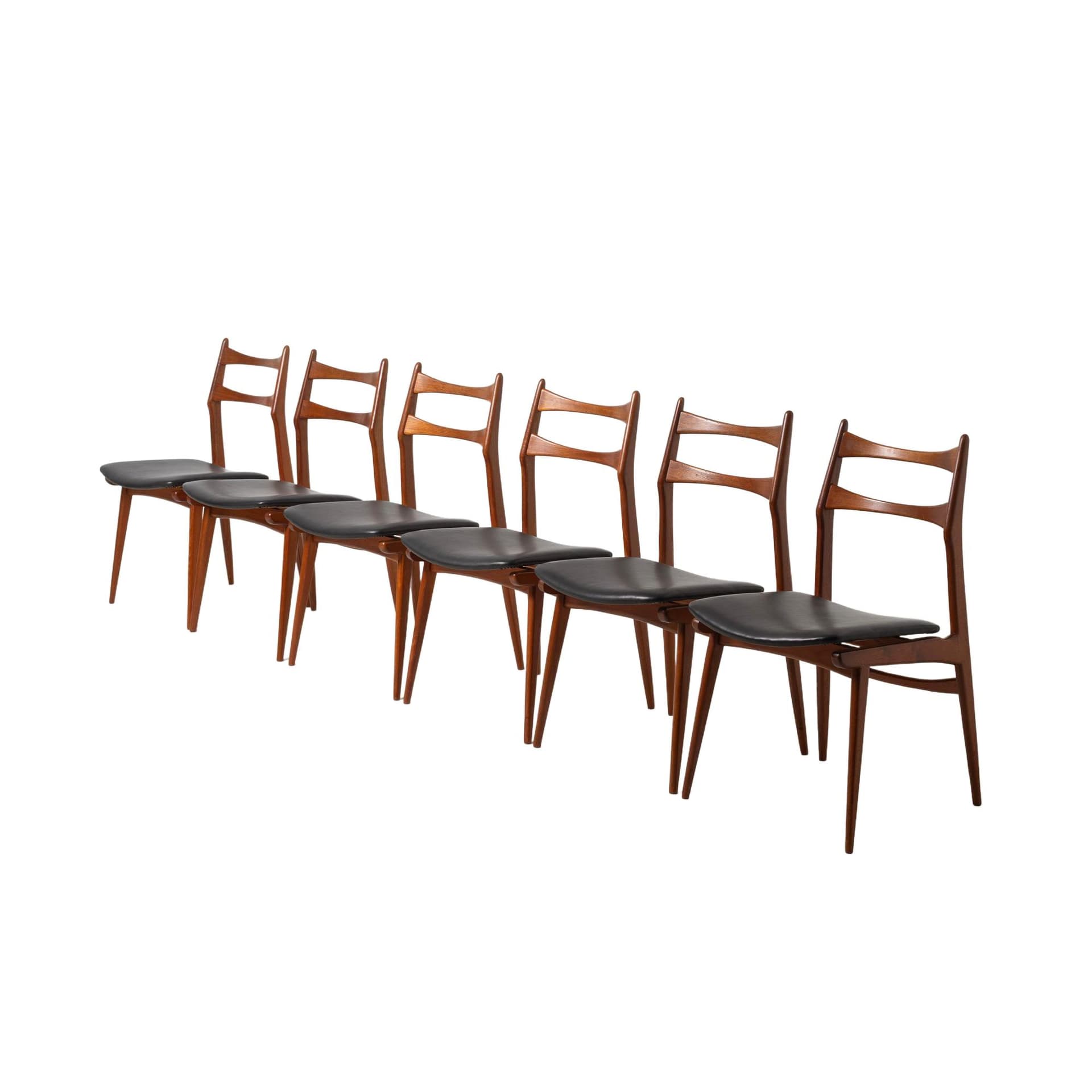 Set of six Bumerang dining chairs, teak, brown leather, Germany, 1960s.