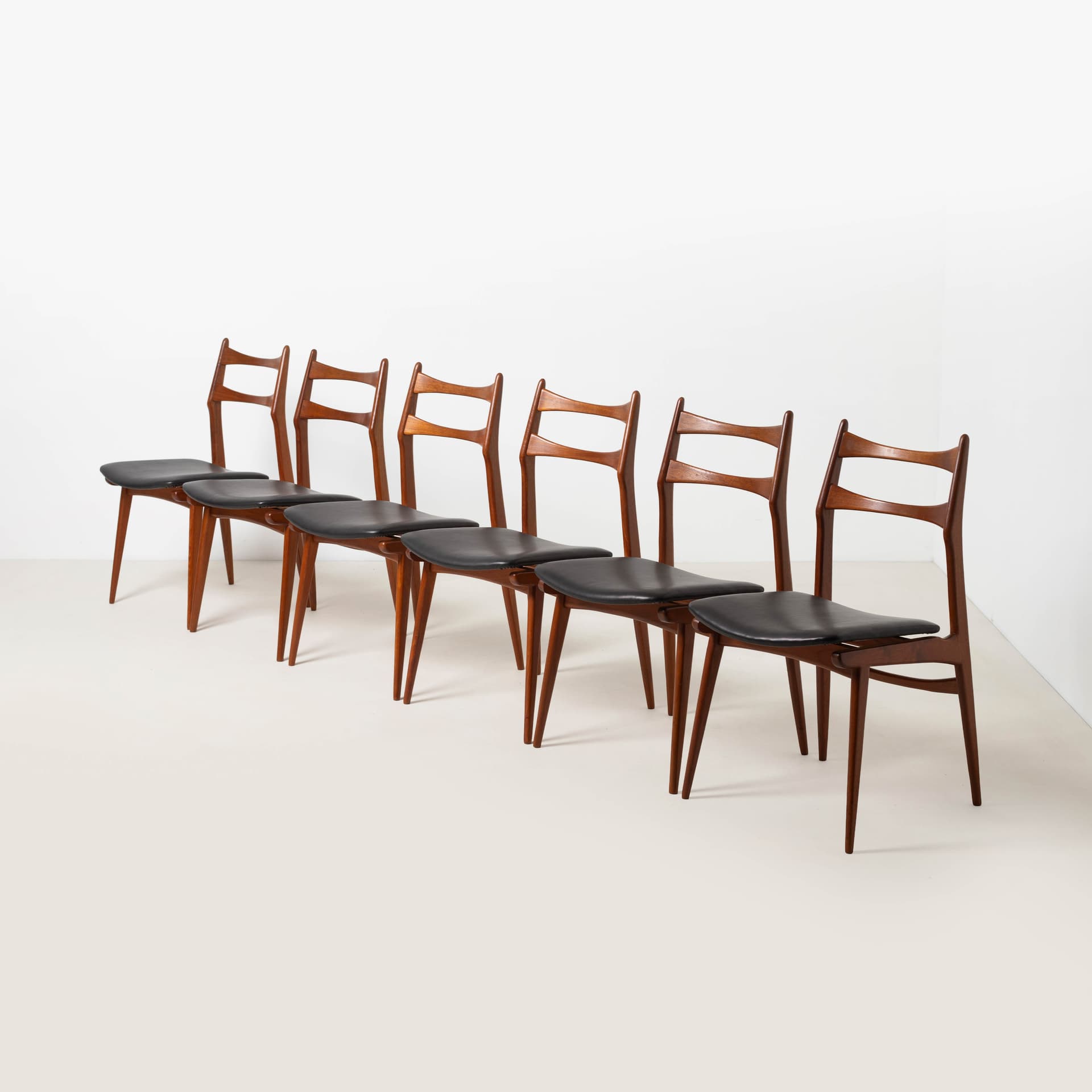 Set of six Bumerang dining chairs, teak, brown leather, Germany, 1960s. - 353791