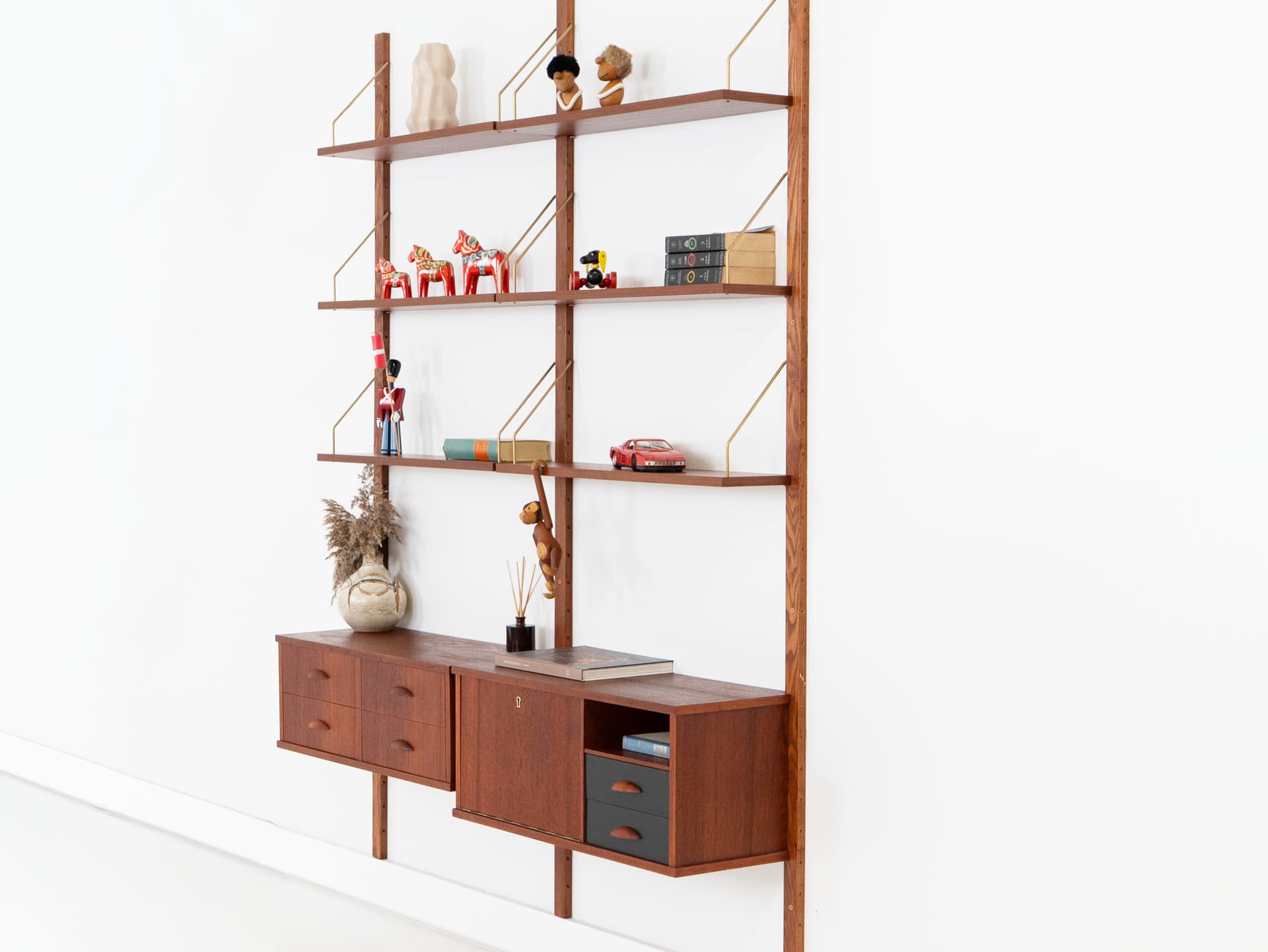 Regał systemowy, teak brązowy, metal czarny, Dania, lata 60. - 353818