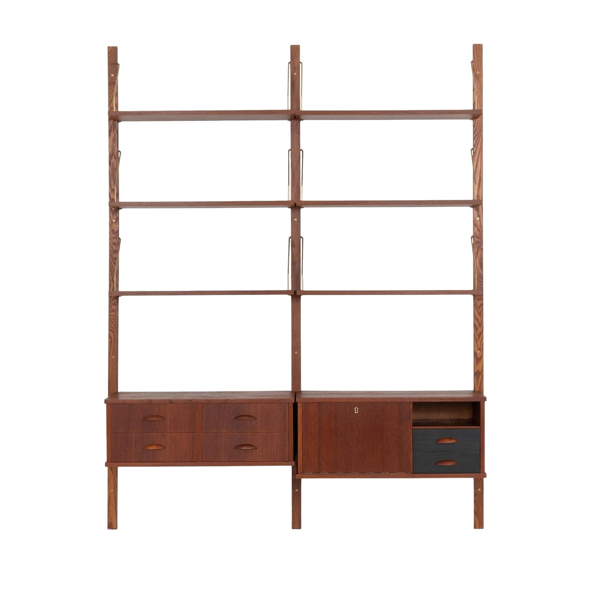 Regał systemowy, teak brązowy, metal czarny, Dania, lata 60.