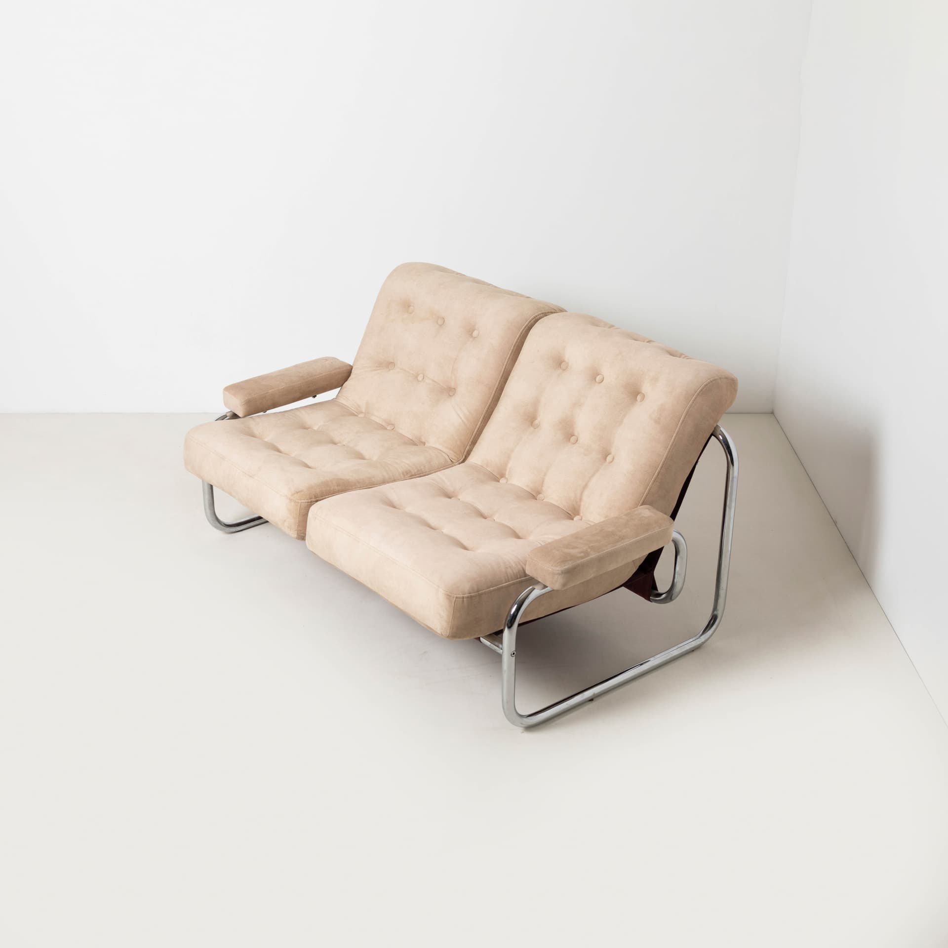 Two-seater sofa Borkum, beige velvet, chromed steel, by J. B. Häggström, Ikea, Sweden, 1970s. - 353873