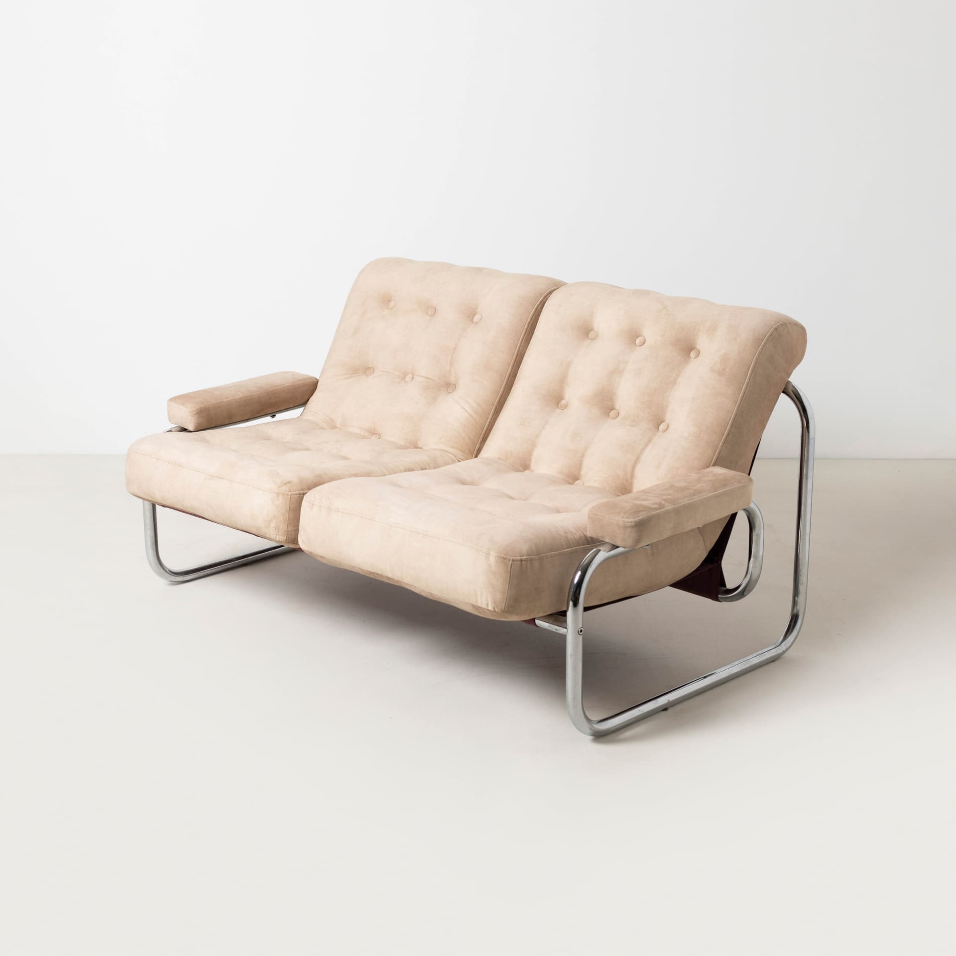 Two-seater sofa Borkum, beige velvet, chromed steel, by J. B. Häggström, Ikea, Sweden, 1970s. - 353866