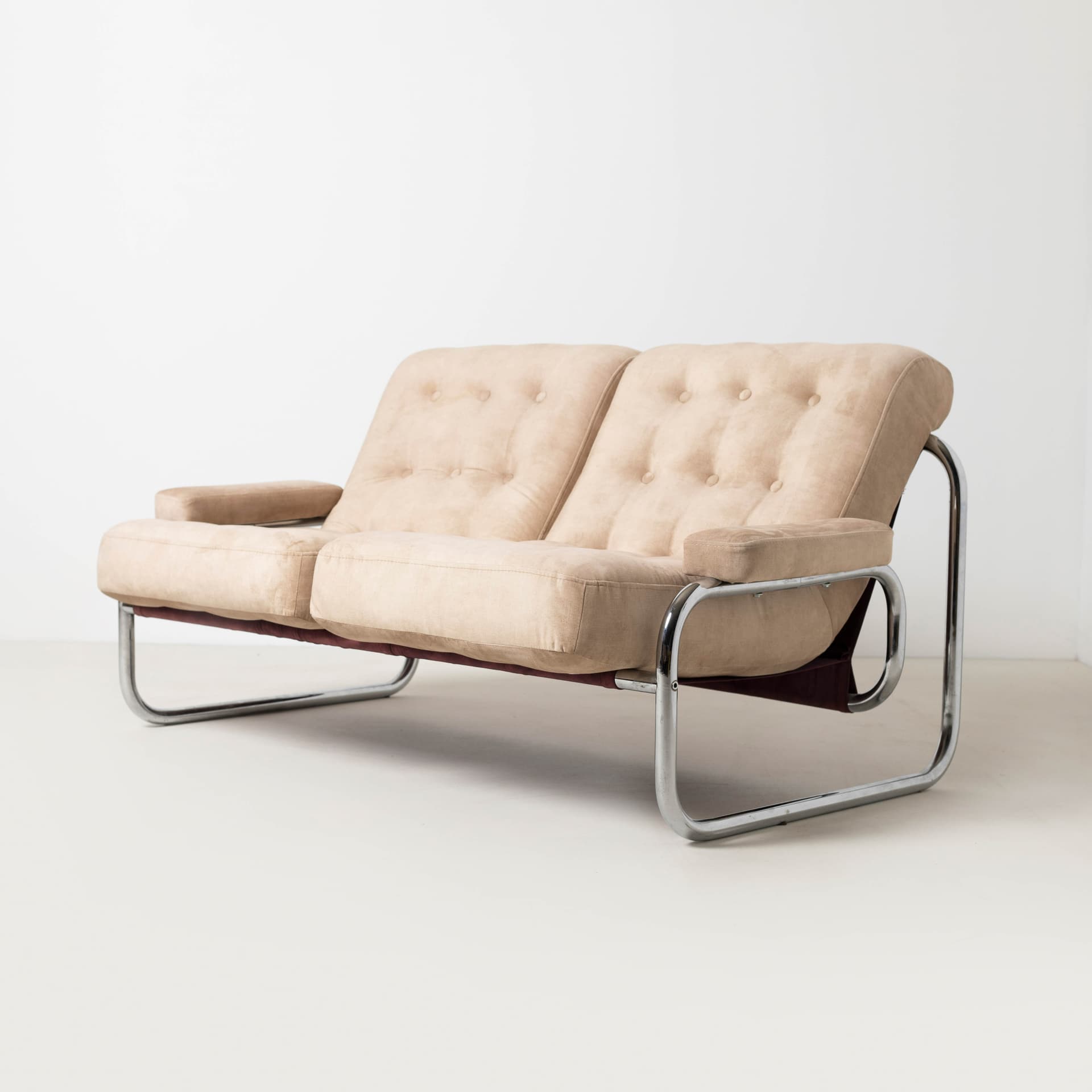 Two-seater sofa Borkum, beige velvet, chromed steel, by J. B. Häggström, Ikea, Sweden, 1970s. - 353865
