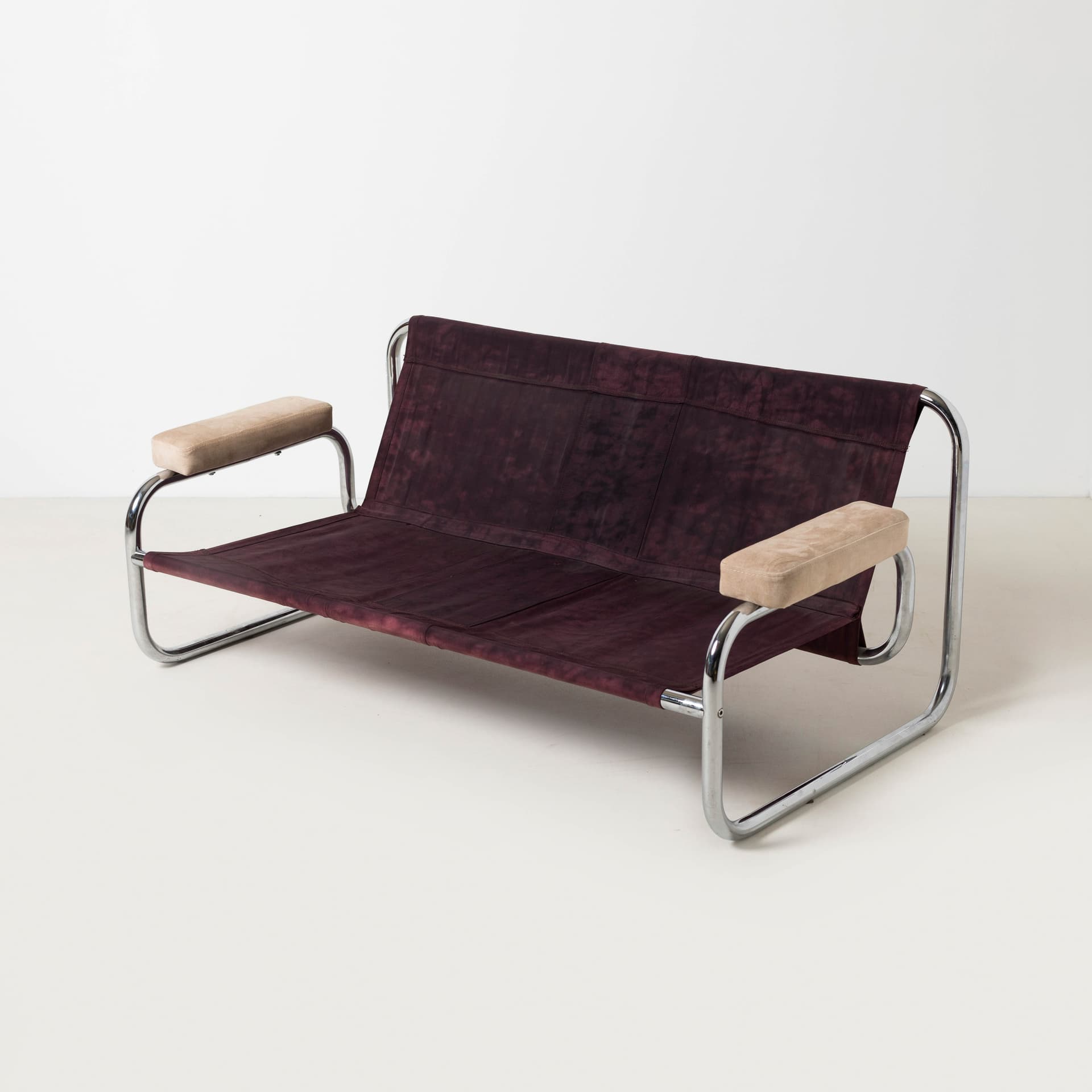 Two-seater sofa Borkum, beige velvet, chromed steel, by J. B. Häggström, Ikea, Sweden, 1970s. - 353872