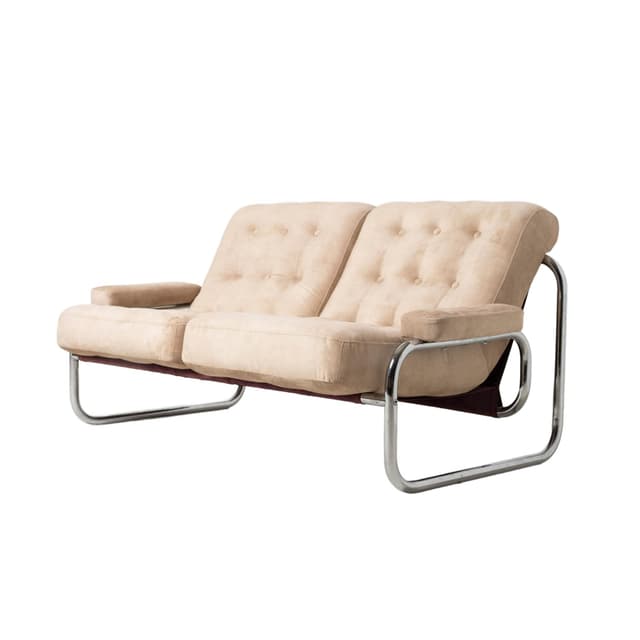 Two-seater sofa Borkum, beige velvet, chromed steel, by J. B. Häggström, Ikea, Sweden, 1970s. - DIMENSION