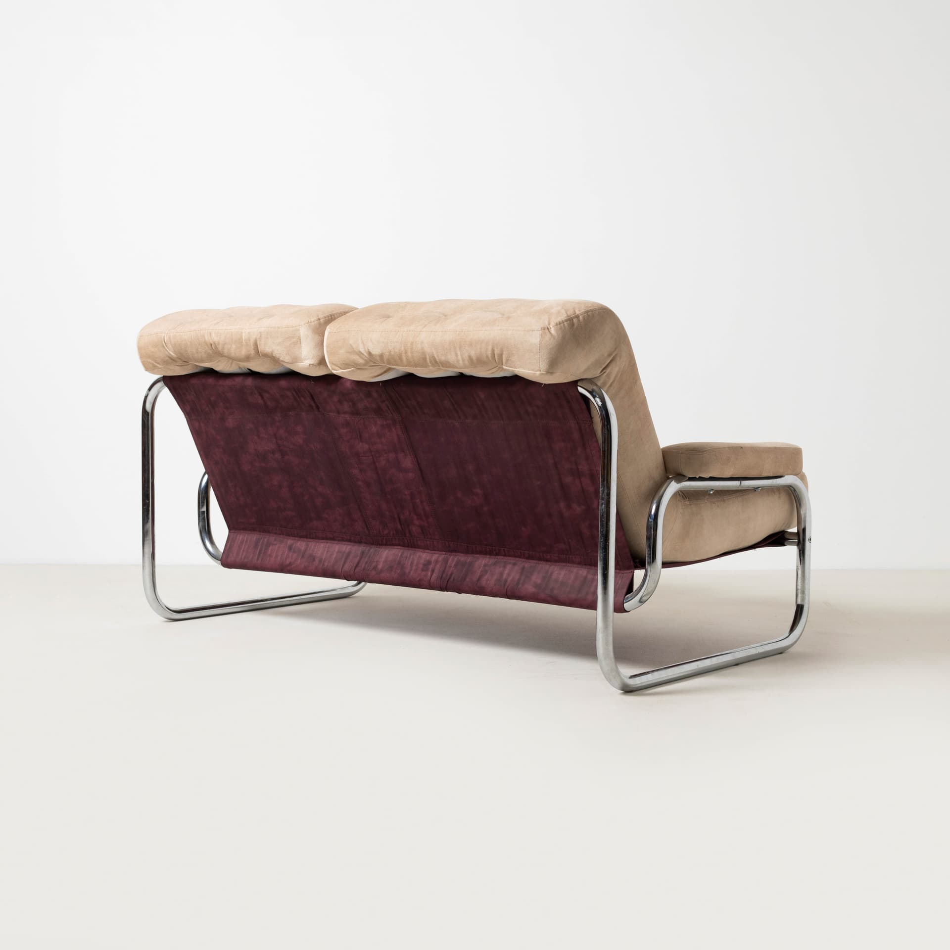Two-seater sofa Borkum, beige velvet, chromed steel, by J. B. Häggström, Ikea, Sweden, 1970s. - 353869
