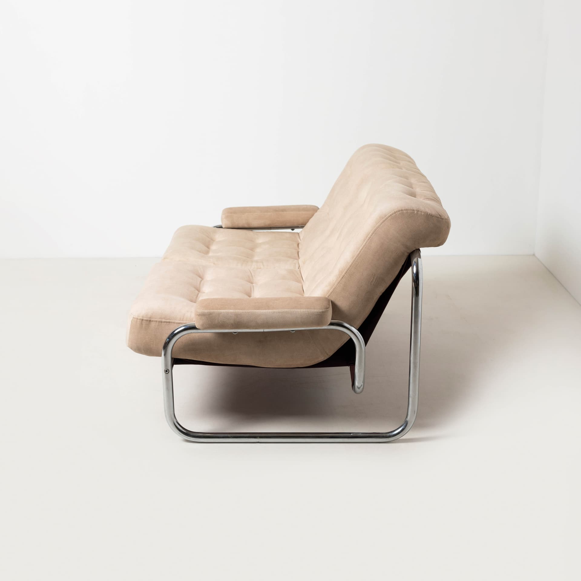 Two-seater sofa Borkum, beige velvet, chromed steel, by J. B. Häggström, Ikea, Sweden, 1970s. - 353867
