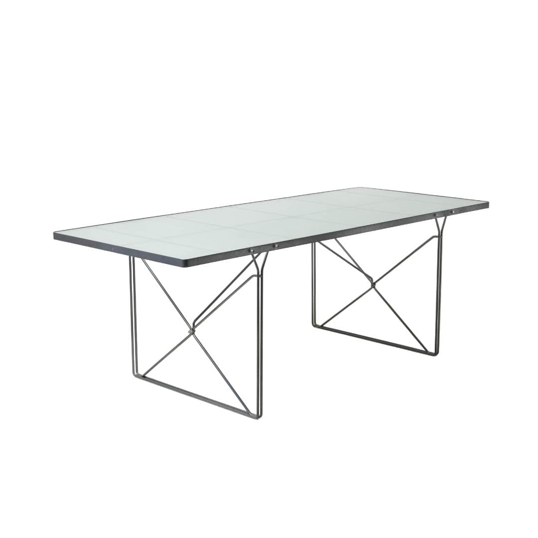 Stół Moment, szkło piaskowane białe, stal szara, proj. N. Gammelgaard, Ikea, Szwecja, lata 90.