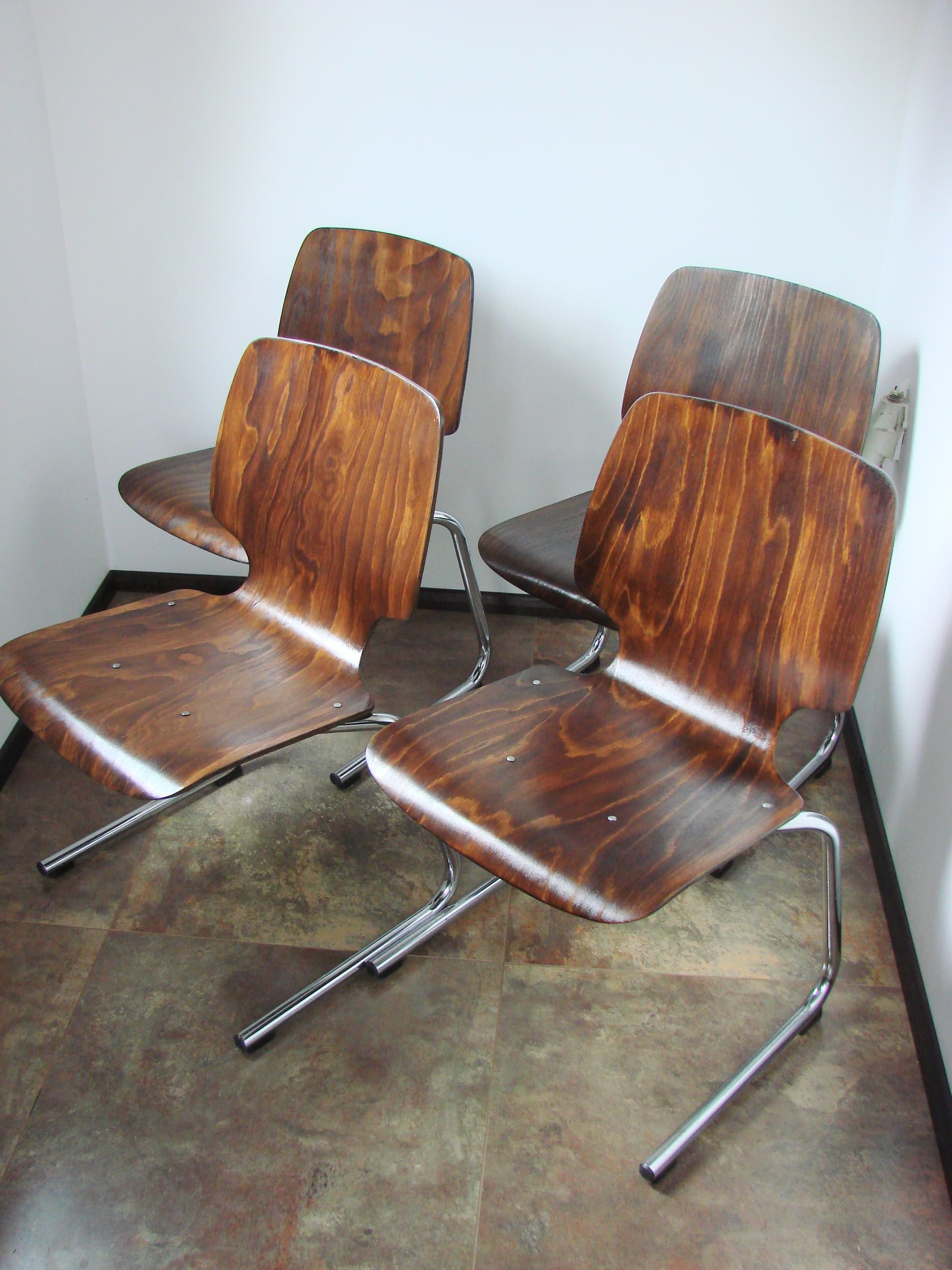Set of four chairs Flötotto, brown plywood, chromed steel, Kusch+Co, 1960s. - 354033