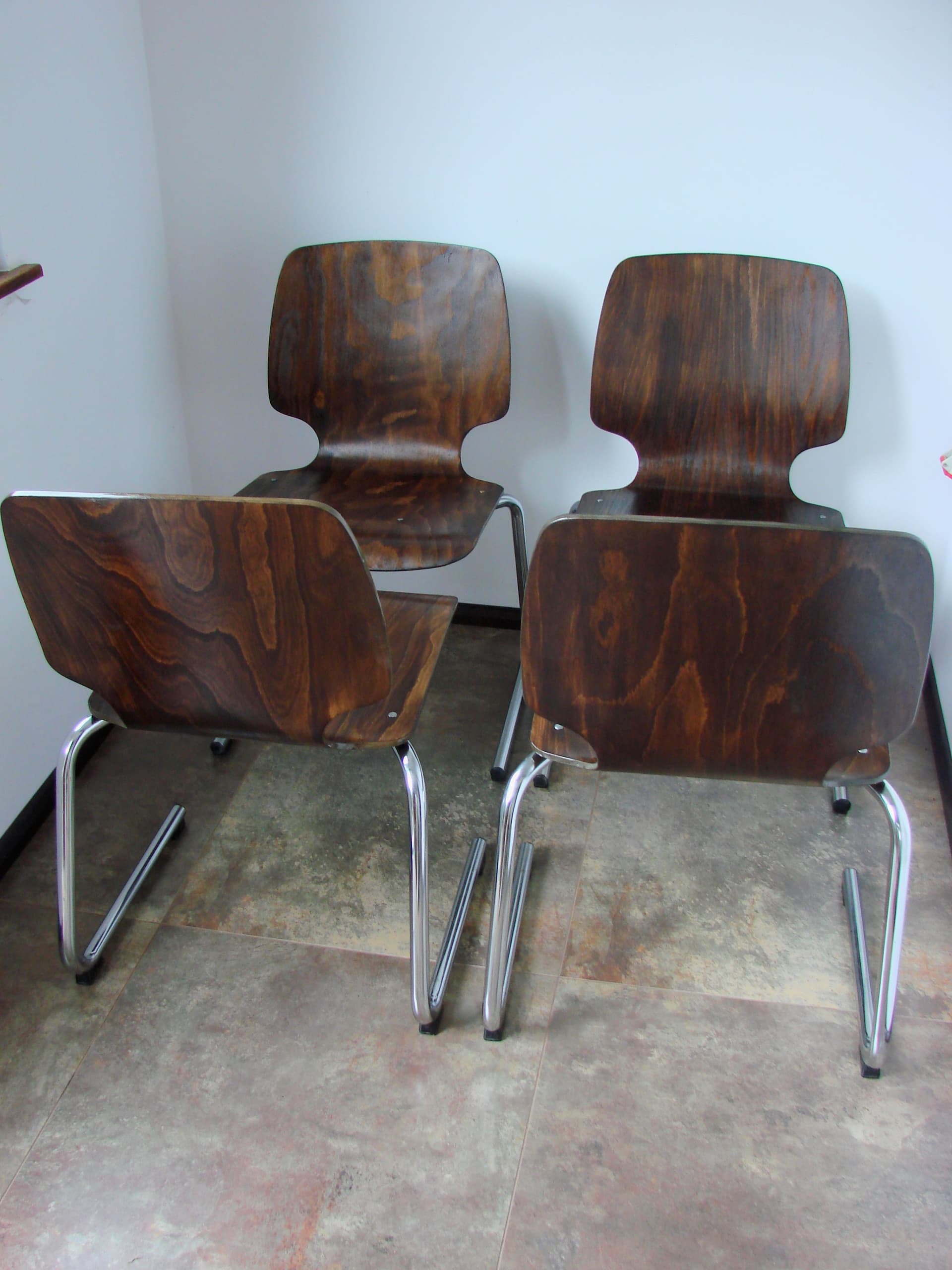 Set of four chairs Flötotto, brown plywood, chromed steel, Kusch+Co, 1960s. - 354045