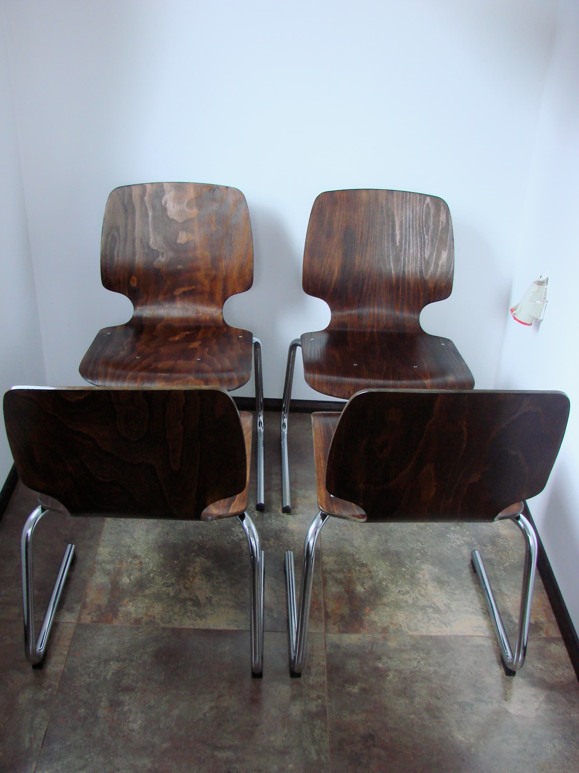 Set of four chairs Flötotto, brown plywood, chromed steel, Kusch+Co, 1960s. - 354044