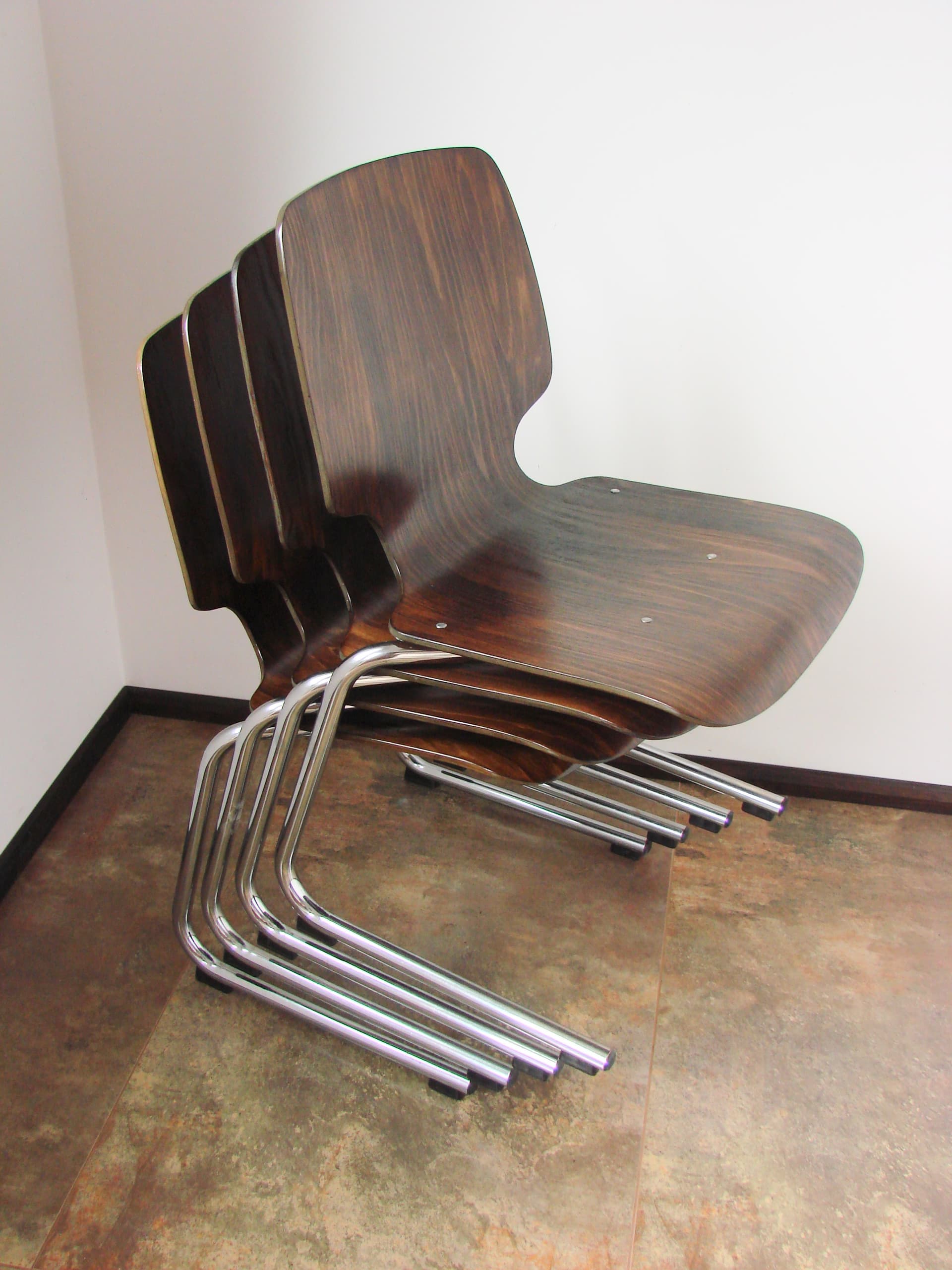 Set of four chairs Flötotto, brown plywood, chromed steel, Kusch+Co, 1960s. - 354041