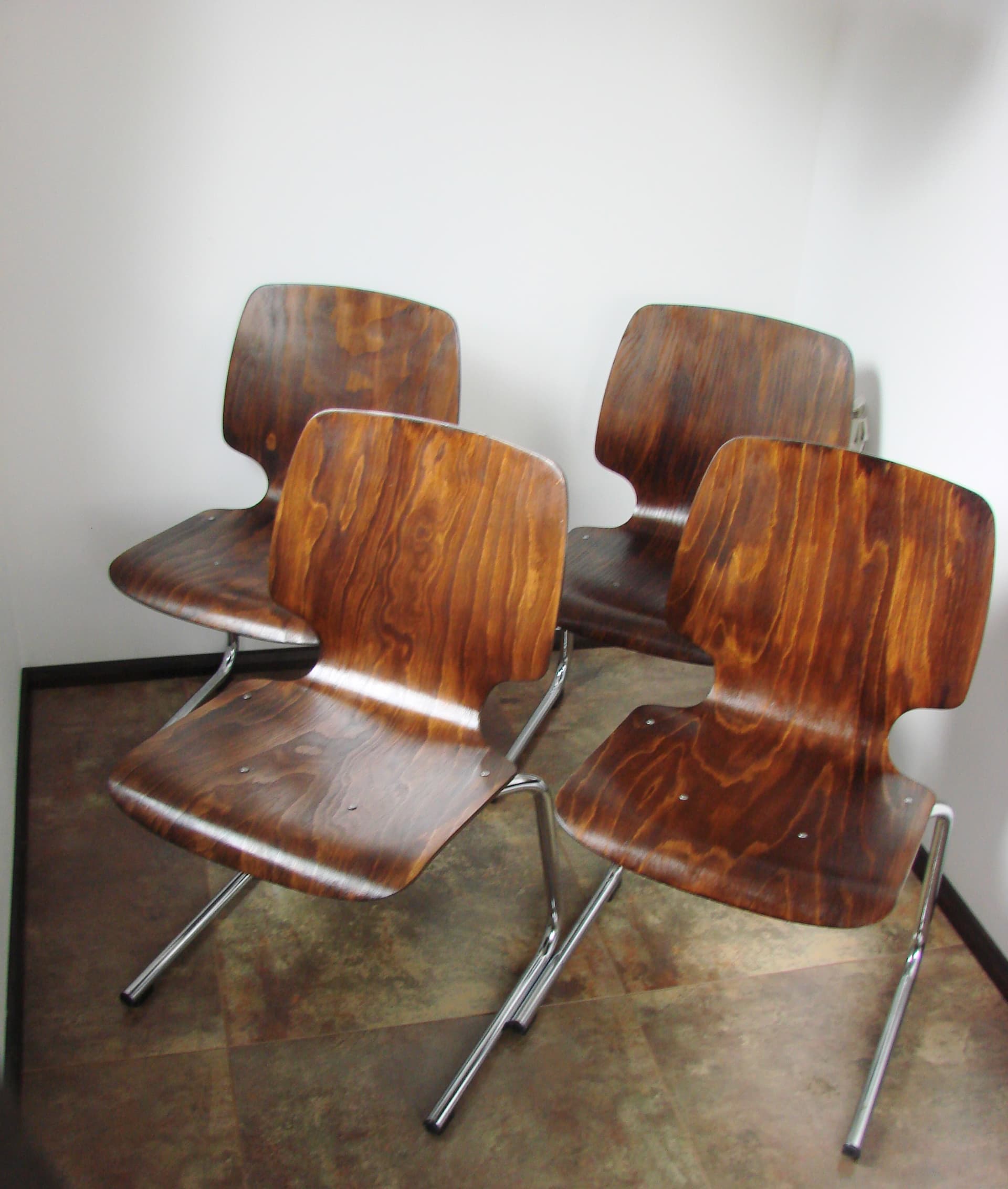 Set of four chairs Flötotto, brown plywood, chromed steel, Kusch+Co, 1960s. - 354034