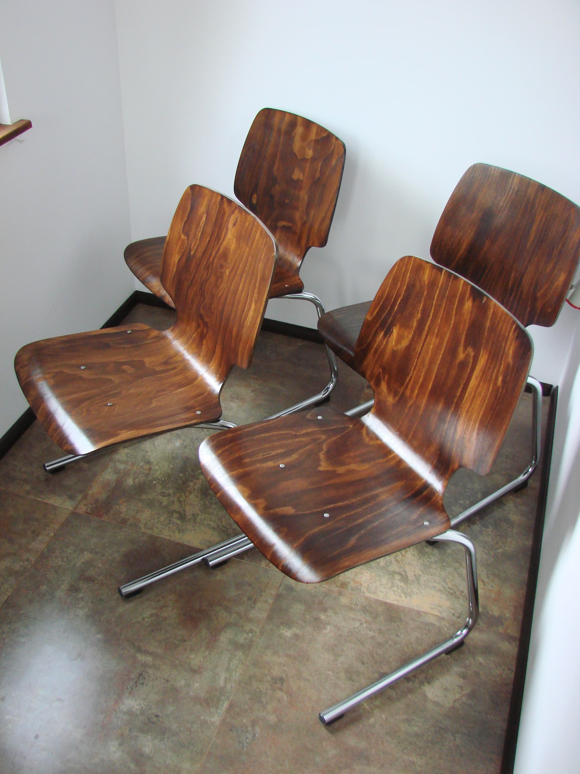 Set of four chairs Flötotto, brown plywood, chromed steel, Kusch+Co, 1960s. - 354035