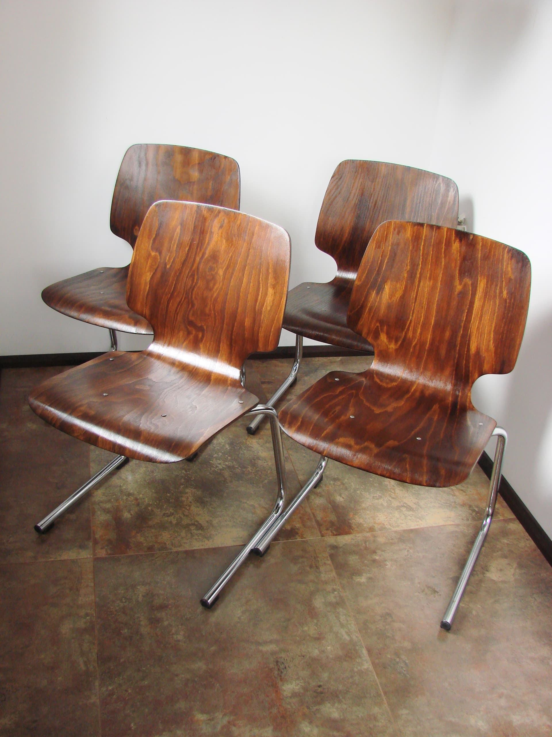 Set of four chairs Flötotto, brown plywood, chromed steel, Kusch+Co, 1960s. - 354036