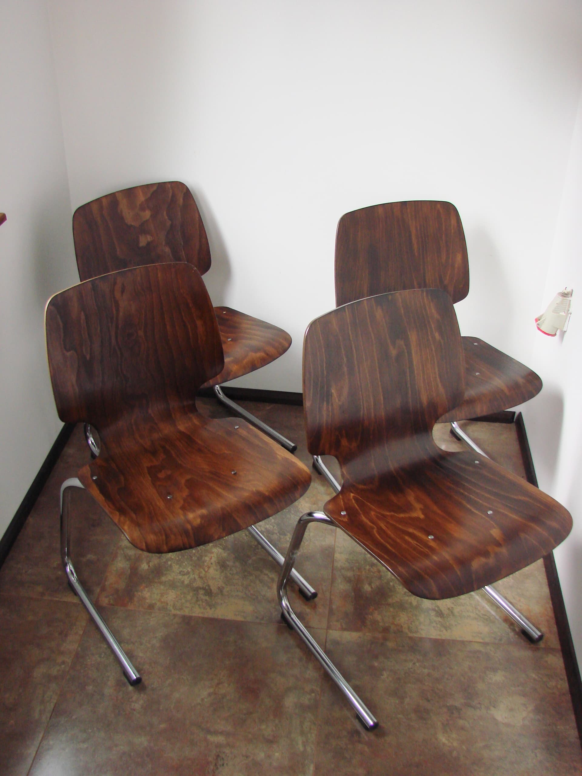 Set of four chairs Flötotto, brown plywood, chromed steel, Kusch+Co, 1960s. - 354038