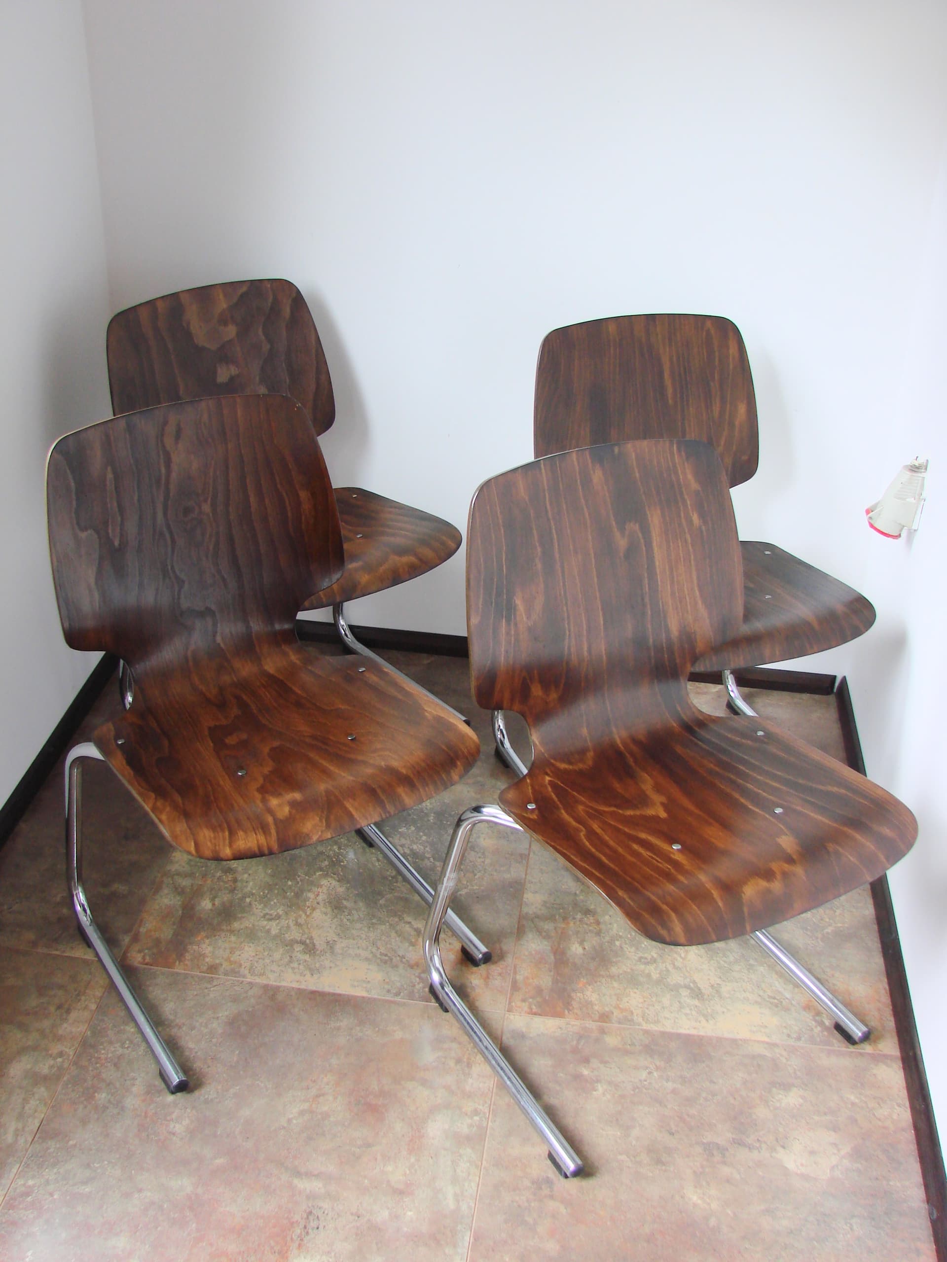 Set of four chairs Flötotto, brown plywood, chromed steel, Kusch+Co, 1960s. - 354039
